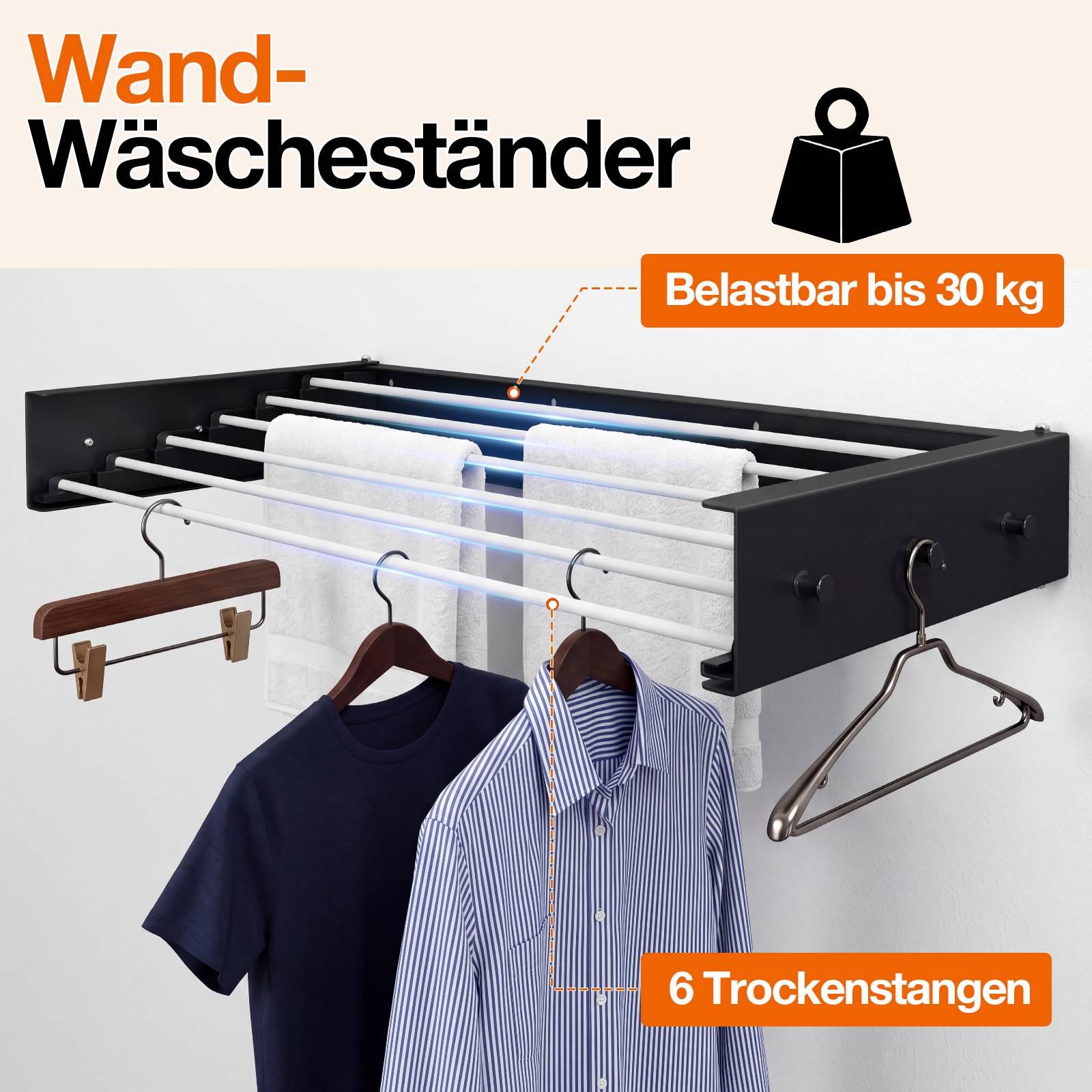 Wandmontierte Wäscheständer mit sechs Stangen; gekennzeichnet mit Tragfähigkeit „Belastbar bis 30 kg" und „6 Trockenstangen"", gezeigt mit Handtüchern und Kleiderbügeln.