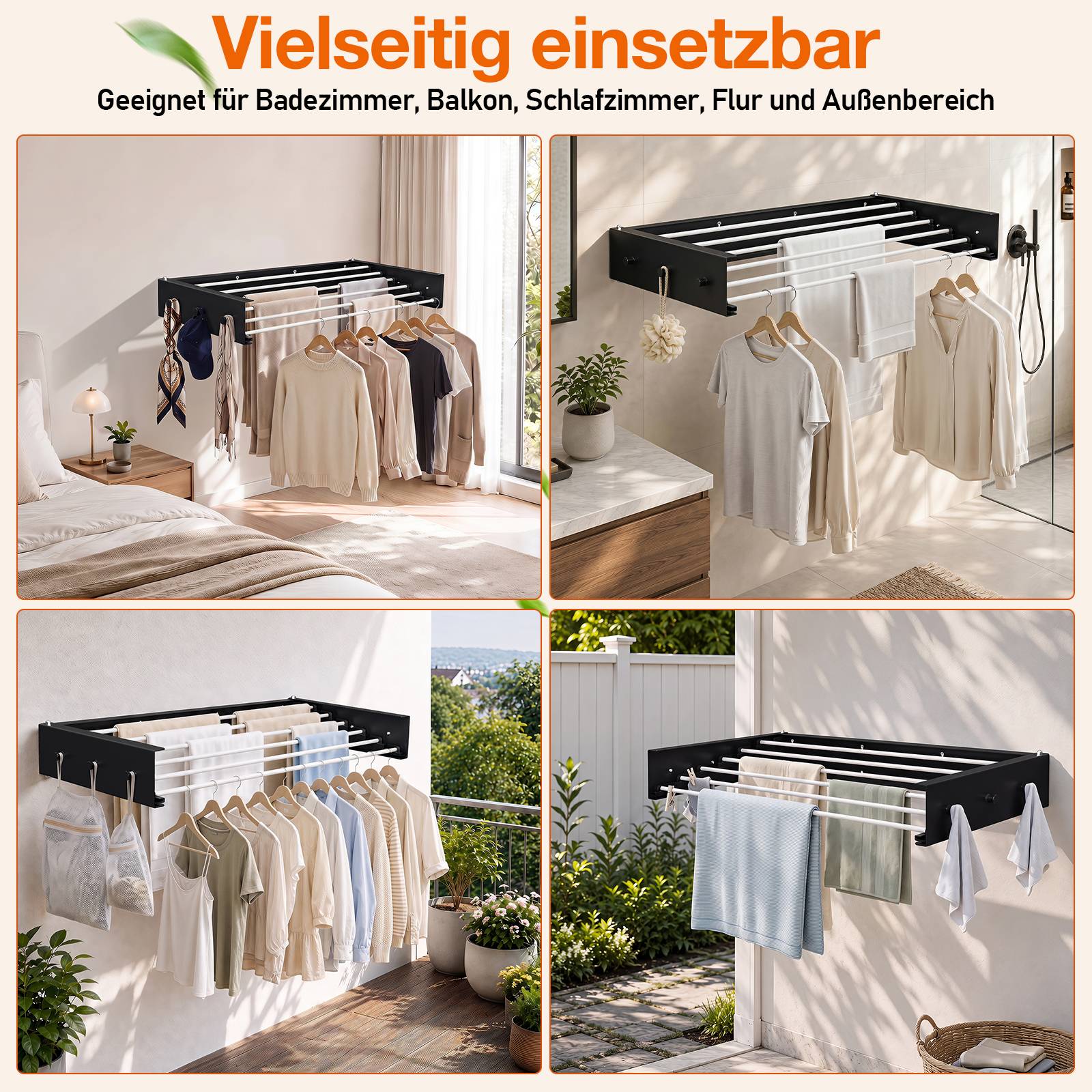 Collage mit einem wandmontierten ausziehbaren Wäscheständer, der in Schlafzimmer, Badezimmer, Balkon und Außenbereichen zum Aufhängen von Kleidung und Handtüchern verwendet wird.