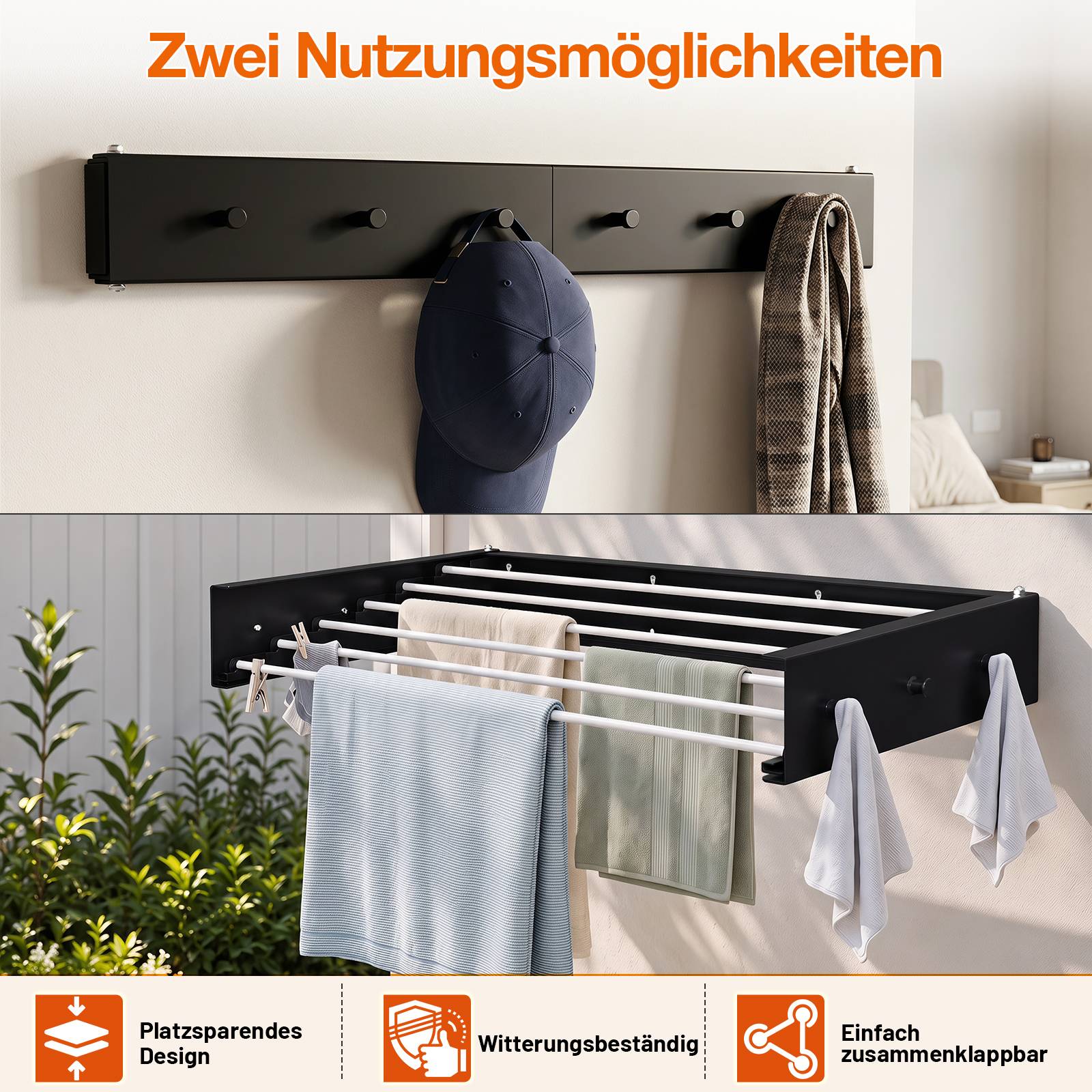Zwei Verwendungen einer wandmontierten Trocknungsgestelle: eingeklappt im Schlafzimmer als Mantel- und Hutständer und ausgeklappt im Freien zum Trocknen von Handtüchern und Kleidung; Symbole weisen auf Platzersparnis, Wetterbeständigkeit und Faltbarkeit hin.
