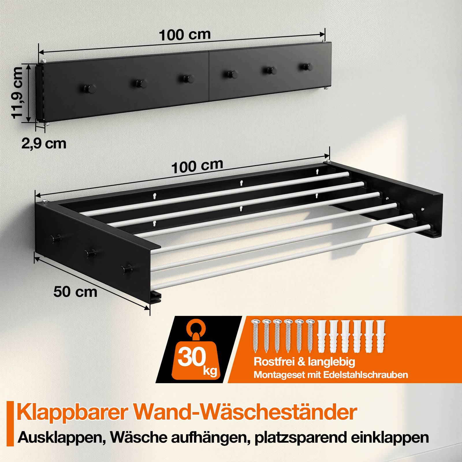 Klappbarer wandmontierter Wäscheständer, 100 cm breit und 50 cm tief ausgeklappt, mit 30 kg Tragfähigkeit und im Lieferumfang enthaltenen Edelstahlschrauben.