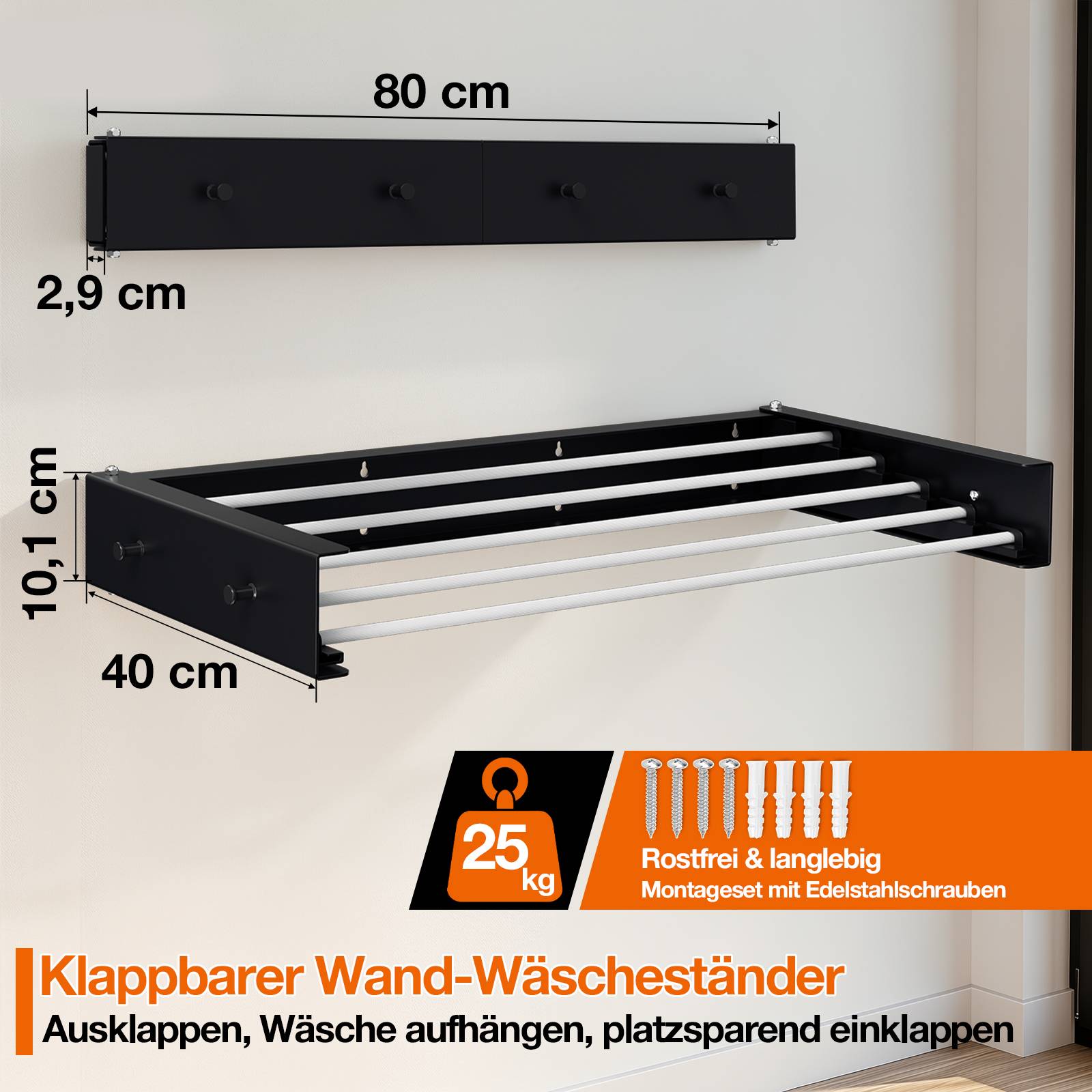 Klappbarer Wäscheständer zur Wandmontage, wetterfester Wandtrockner Handtuchhalter 80 cm, 5 Stangen, 25 kg, Schwarz
