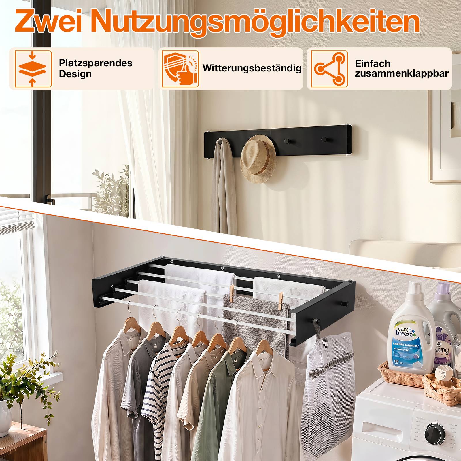 Wandmontiertes, klappbares Trockengestell mit deutschem Text „Zwei Nutzungsmöglichkeiten" und Symbolen, die platzsparendes Design, Witterungsbeständigkeit und einfaches Falten hervorheben, gezeigt mit Kleidung in Innenräumen.