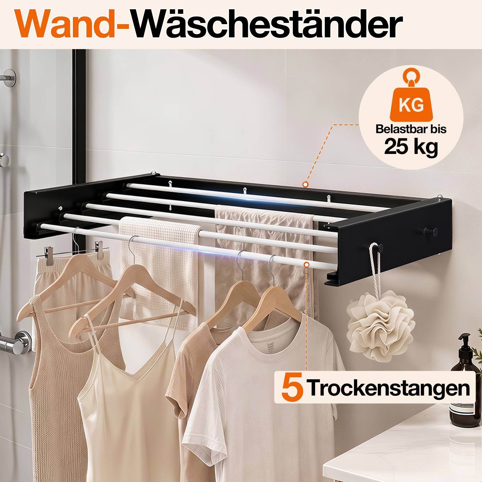 Wandmontiertes Trocknungsregal mit 5 Stangen, auf dem Kleidung hängt; das Etikett gibt eine Tragfähigkeit von bis zu 25 kg an.