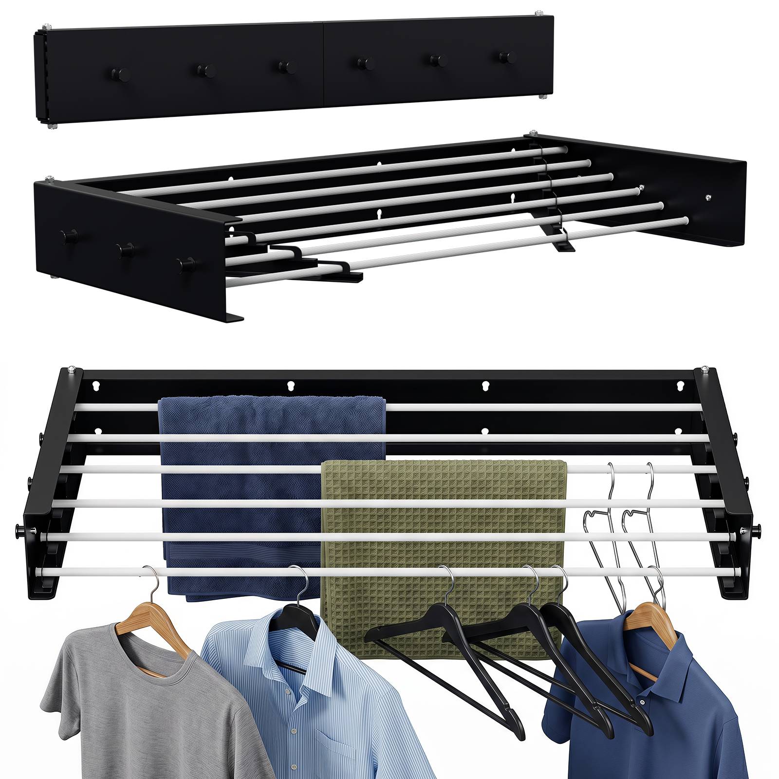Wandmontiertes Trockengestell mit ausziehbaren Stangen und Klappenhaken, dargestellt offen und geschlossen, zum Aufhängen von Handtüchern und Kleidung zum Lufttrocknen.