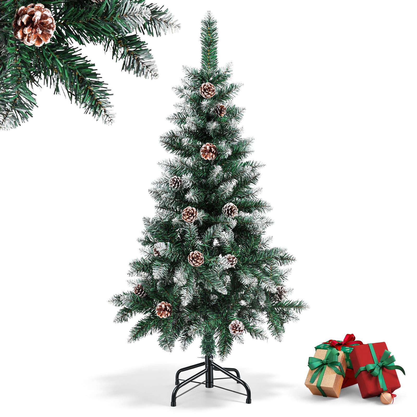 Weihnachtsbaum 120cm mit Schnee und 15 Tannenzapfen, künstlicher Tannenbaum mit 180 Spitzen, Metallständer