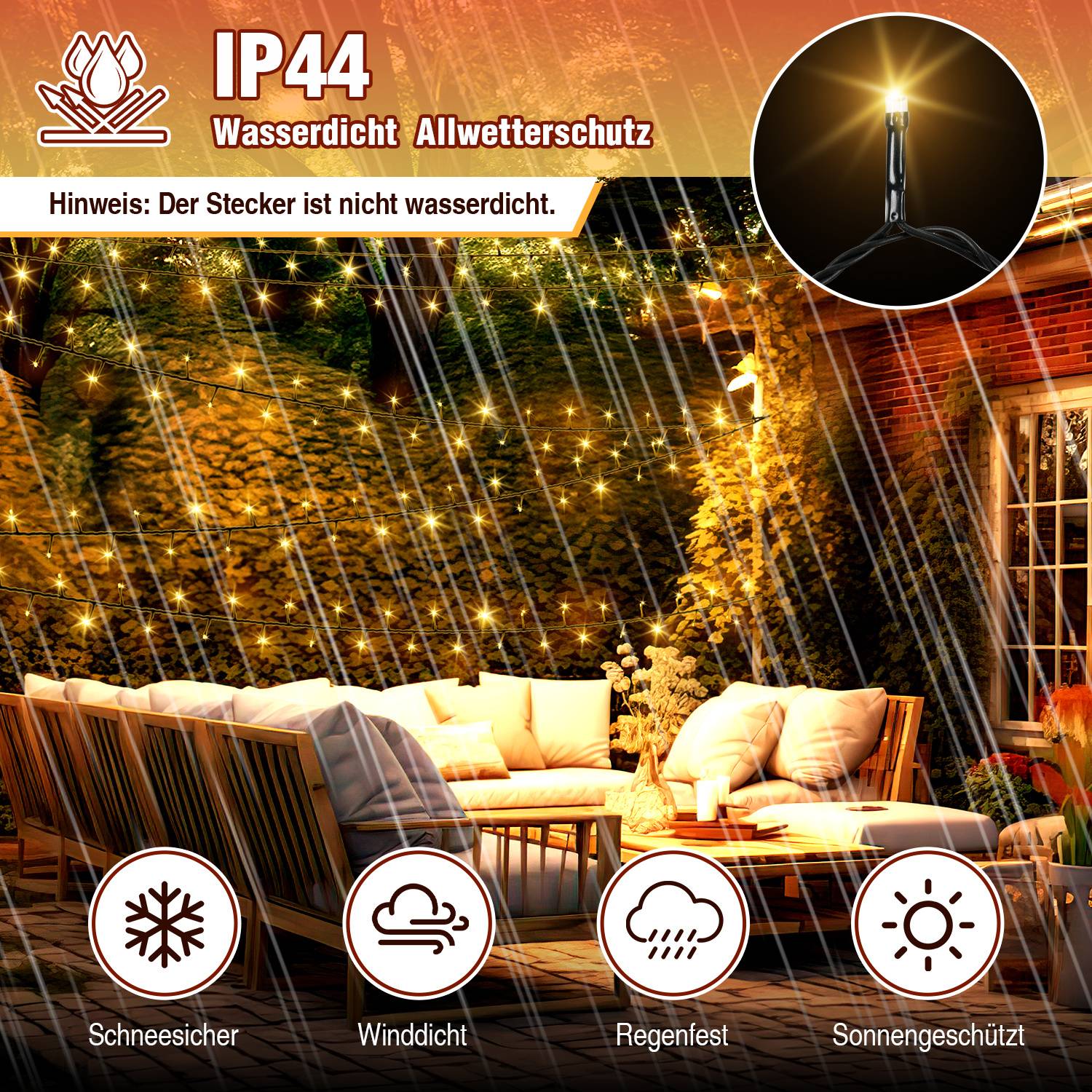 IP44 wetterfeste Außenleuchten beleuchten eine Terrasse; der deutsche Text besagt, dass die Leuchten schneegeschützt, windgeschützt, regensicher und sonnenschutzgeschützt sind, aber der Stecker ist nicht wasserdicht.