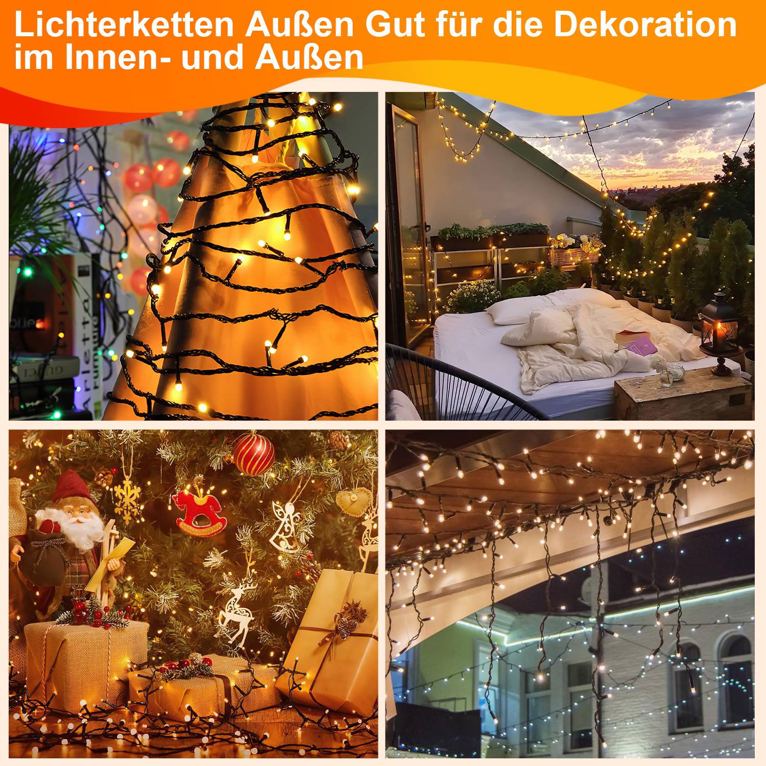 Collage mit warmweißen Lichterketten, die eine kegelförmige Anzeige, eine Terrassenlounge, einen Weihnachtsbaum und eine Überdachung eines Außengebäudes dekorieren.