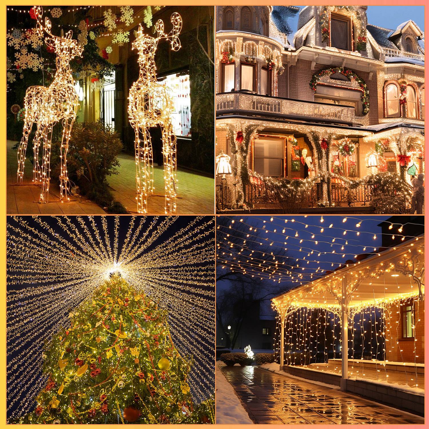 Collage von Feiertagslichterdekorationen: beleuchtete Rentiere, ein dekoriertes Haus, ein leuchtender Weihnachtsbaum und Lichterketten über einer Veranda.