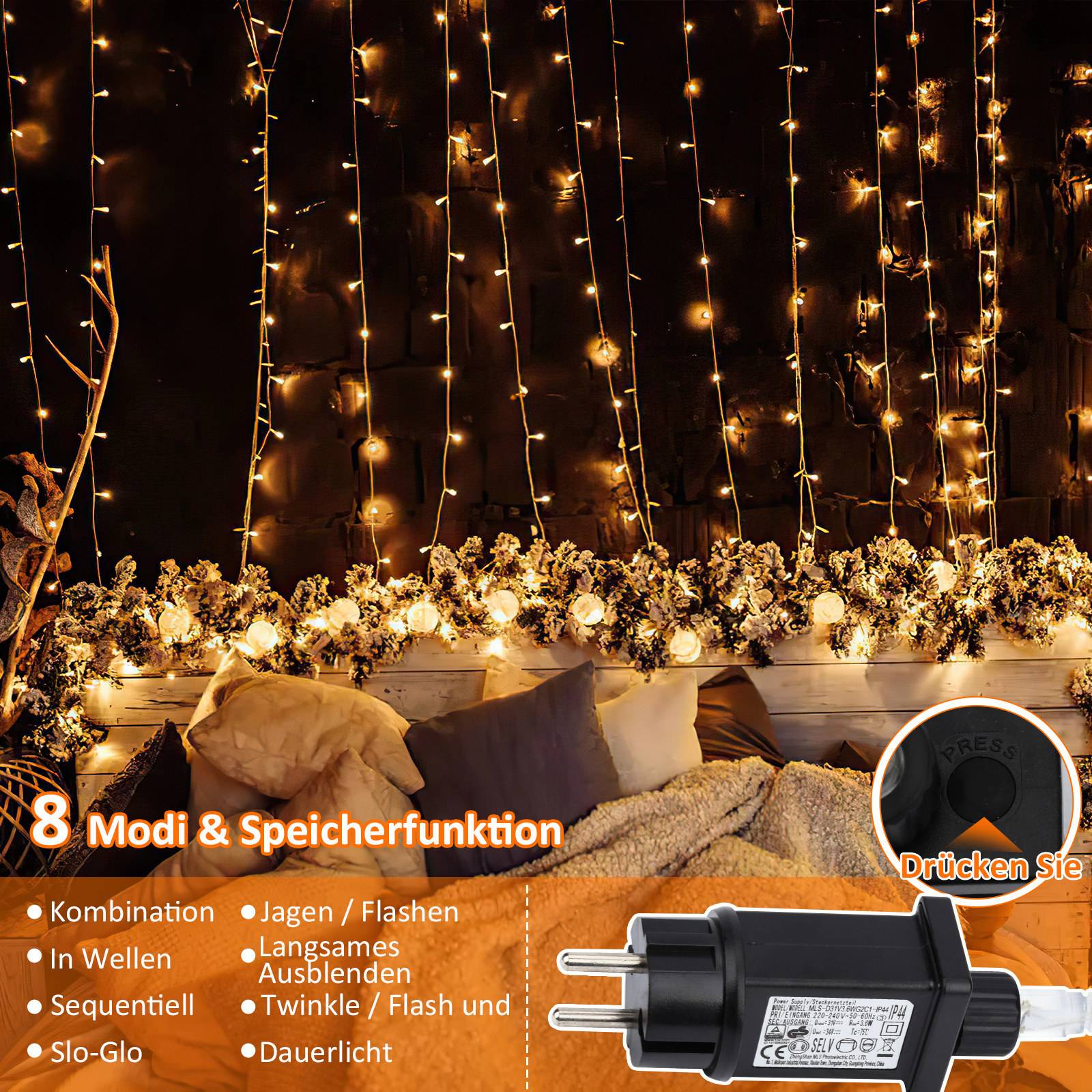 Werbebild eines schwarzen Plug-in-LED-Dimmers mit dem Text „8 Modi & Speicherfunktion", auf dem Lichtmodi wie Kombination, Wellen, Sequenz, langsames Ausblenden, Blitz, Flackern und konstantes Licht aufgelistet sind.