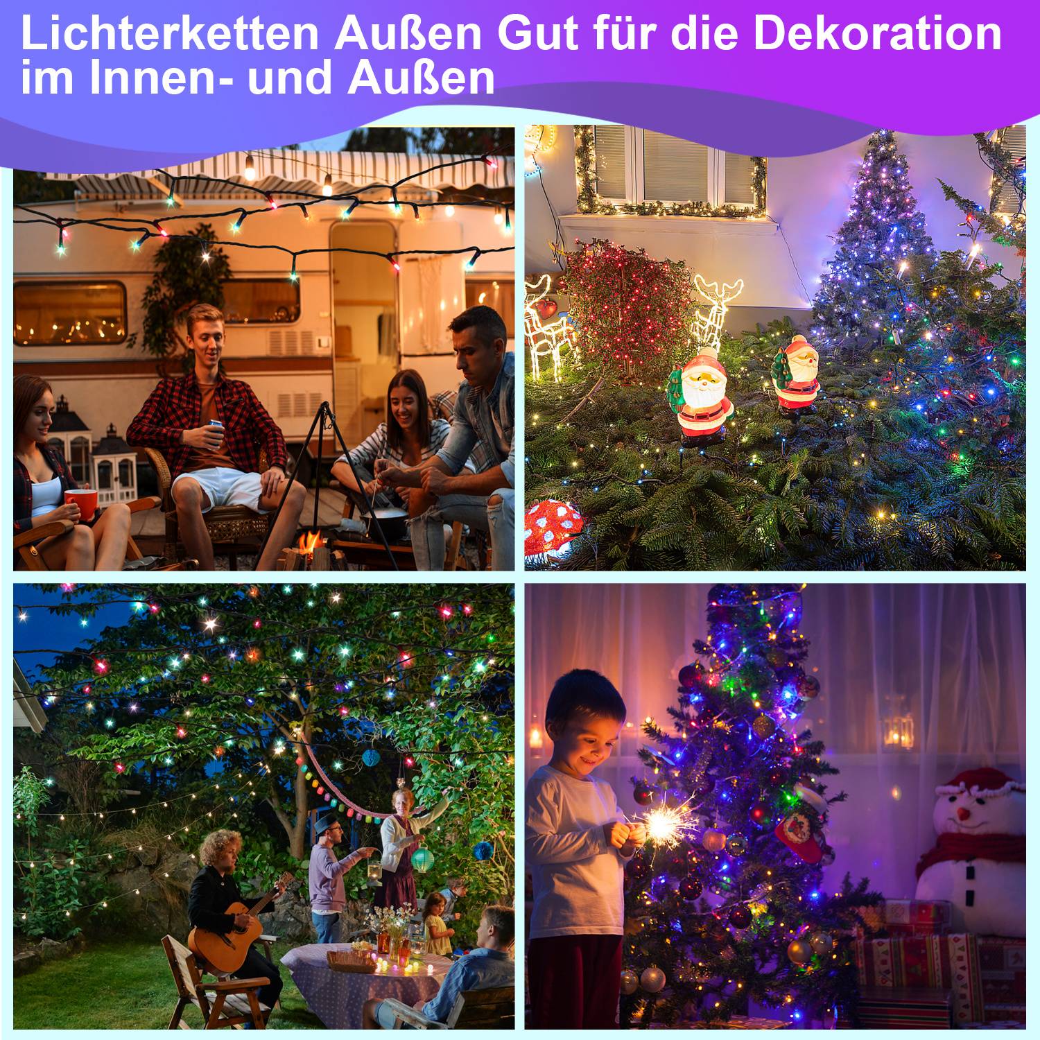 Collage mit mehrfarbigen Lichterketten, die Außenterrassen und Weihnachtsbäume drinnen und draußen dekorieren und eine festliche Weihnachtsstimmung schaffen.