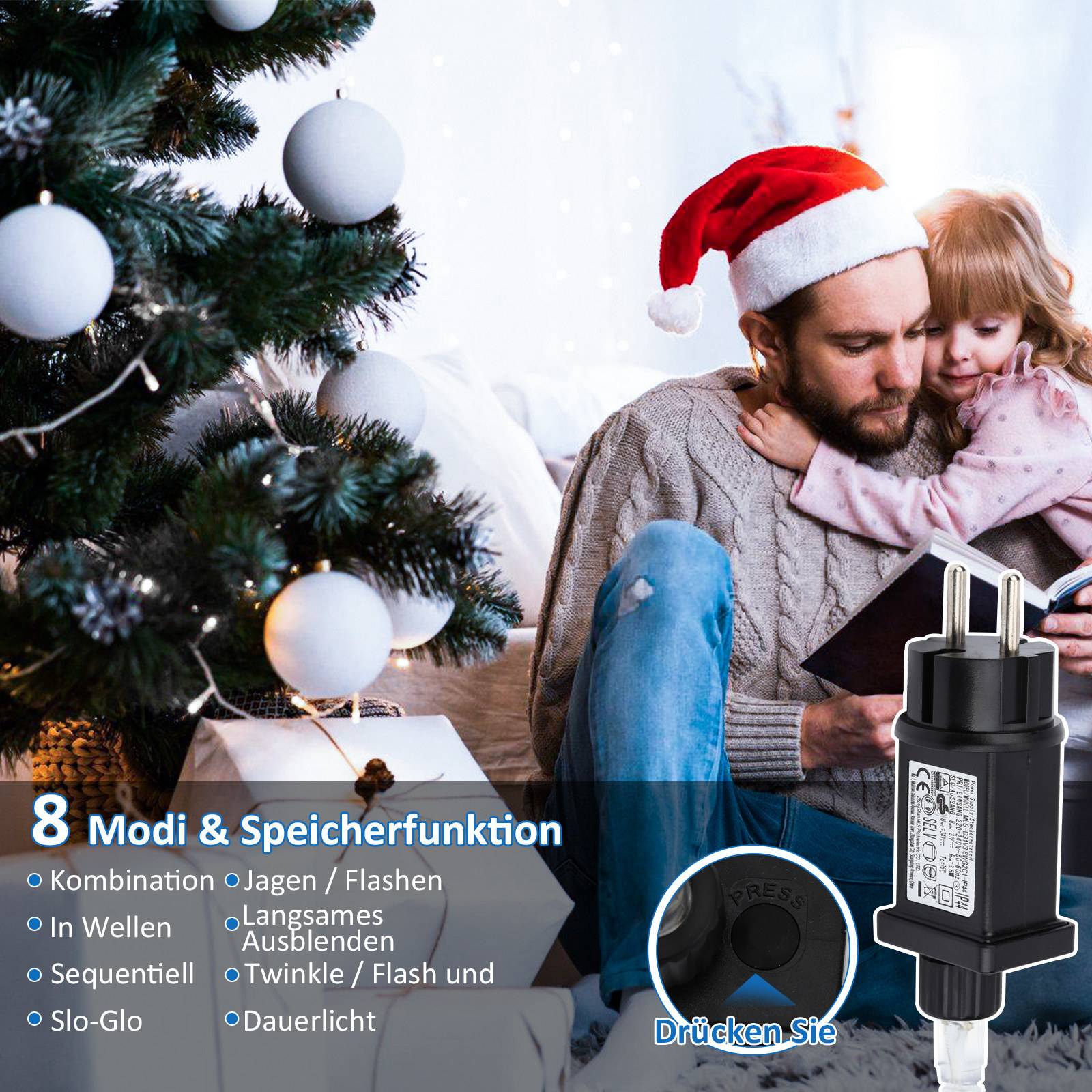 Mann im Weihnachtsmannhut liest ein Buch mit einem Kind neben einem geschmückten Weihnachtsbaum; Produktanzeige zeigt „8 Modi & Speicherfunktion" für einen Lichtregler.