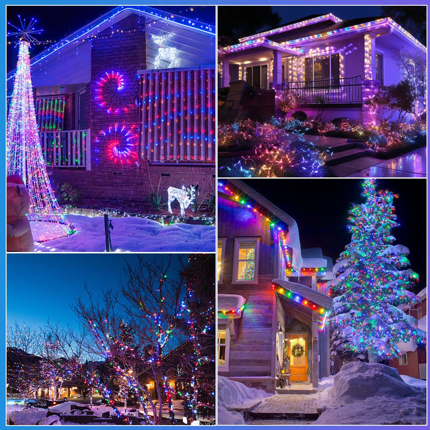Collage von Häusern und Bäumen, die in farbenfrohe Weihnachtslichter und Schnee gehüllt sind, zeigt festliche Winternacht-Dekorationen.