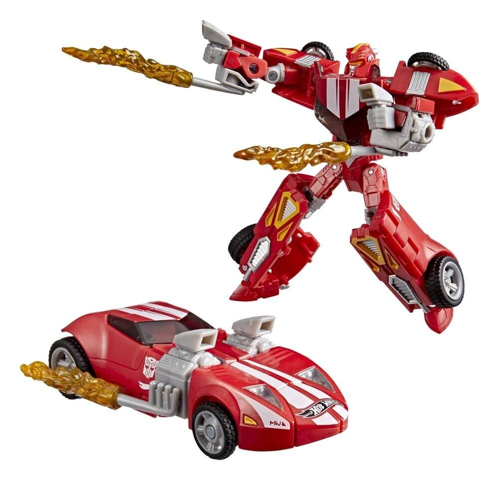 Rotes Roboterspielzeug, das sich in ein rotes Rennwagospielzeug verwandelt, beide mit Flammeneffekten und weißen Rennstreifen auf einfachem weißem Hintergrund.