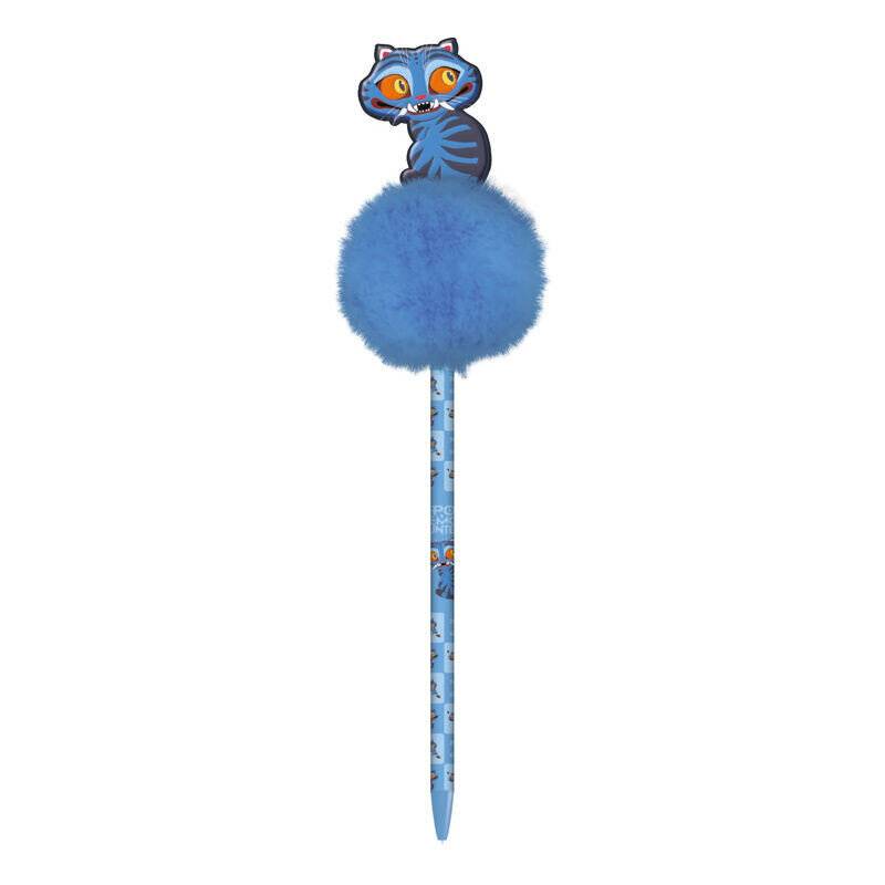 Blauer katzenmotiv-Kugelschreiber mit flauschigem Pompon-Aufsatz und Cartoon-Katzenkopf an der Spitze