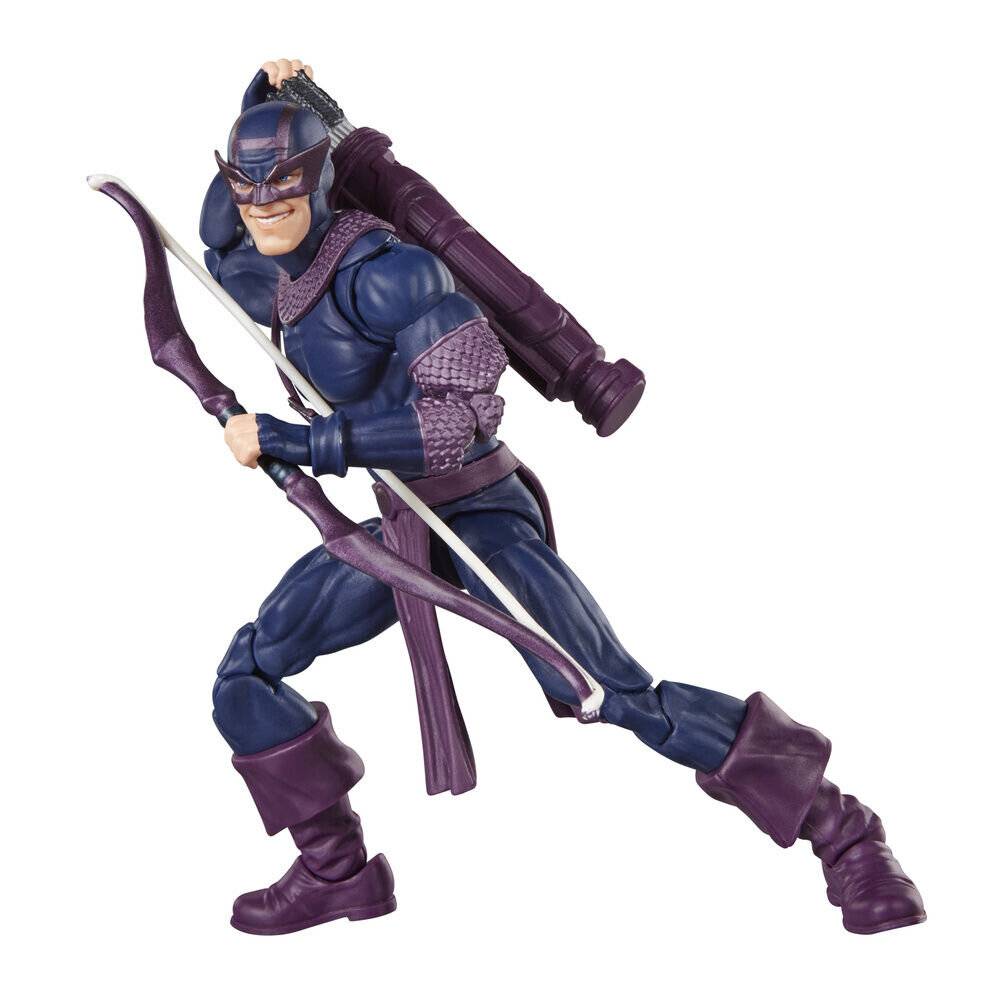 Actionfigur von Hawkeye in einer dynamischen Laufpose, einen violetten Bogen und Pfeil haltend, trägt ein blau-violettes Kostüm mit einem Köcher auf dem Rücken.
