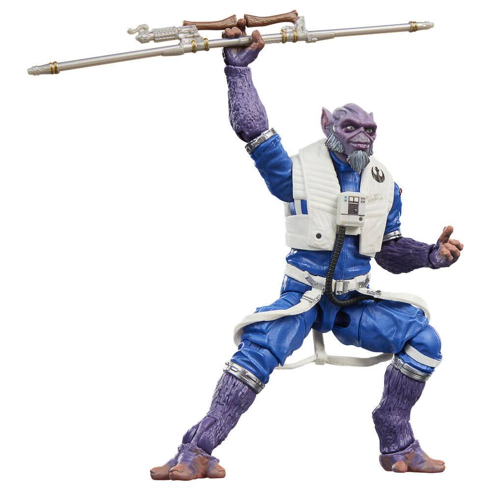 Lila Alien-Actionfigur in blau-weiß gestreifter Uniform, posiert mit erhobenem Stab vor weiß neutralem Hintergrund.