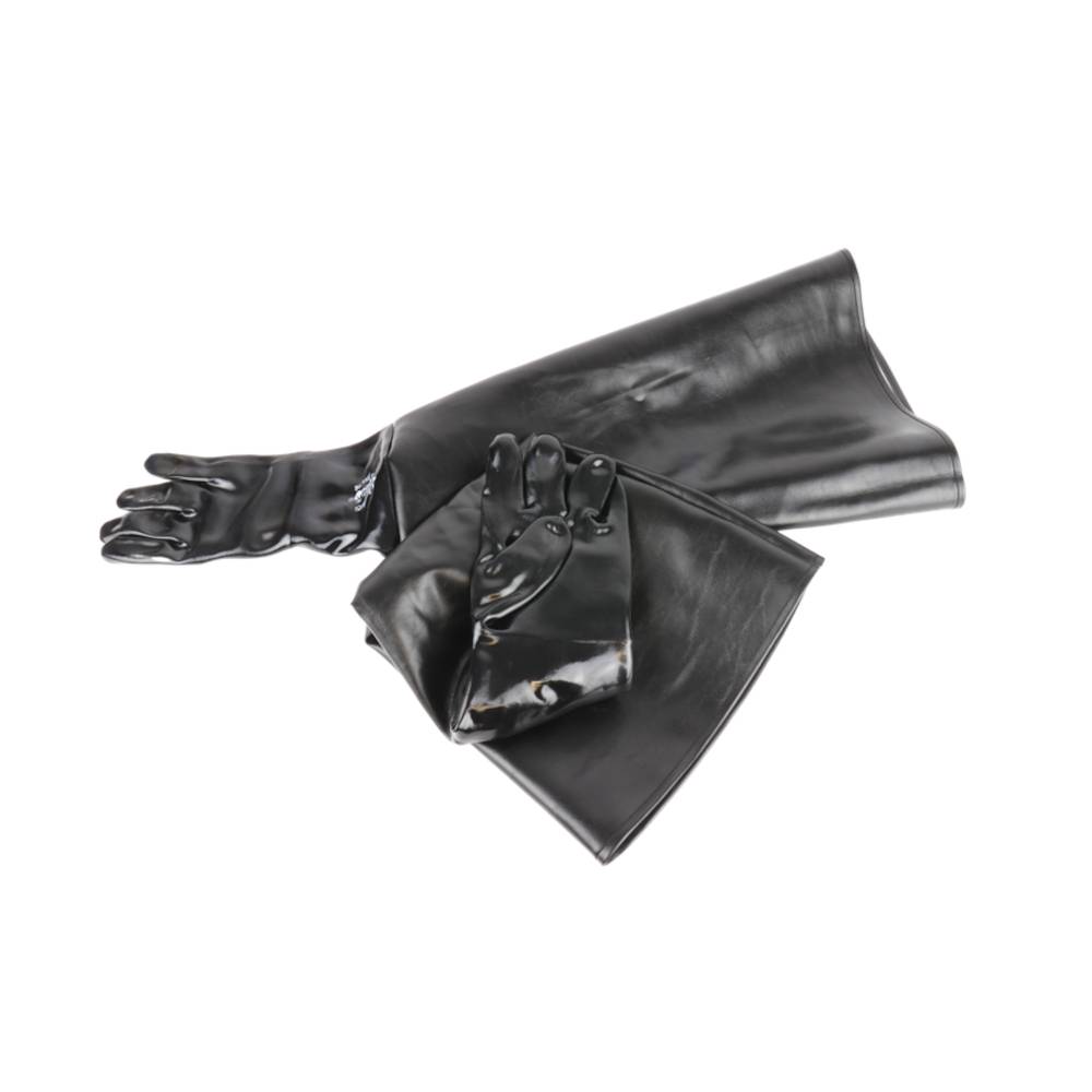 Schwarze Lederhandschuhe und passende Ärmelbündchen auf weißem Hintergrund angeordnet.