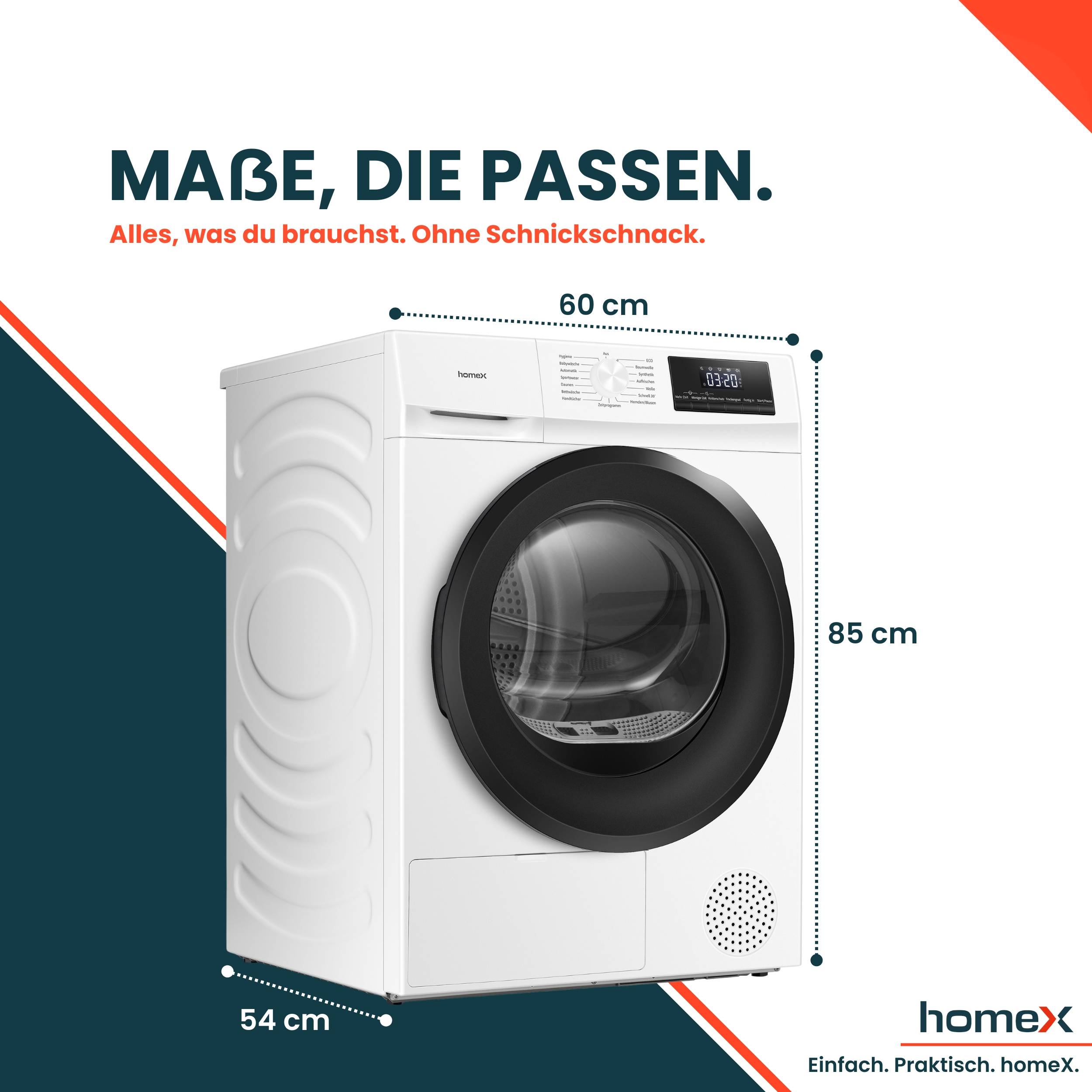 Werbebild einer Frontlader-Waschmaschine mit beschrifteten Abmessungen: 60 cm breit, 85 cm hoch und 54 cm tief; deutscher Text lautet „MAßE, DIE PASSEN. Alles, was du brauchst. Ohne Schnickschnack.