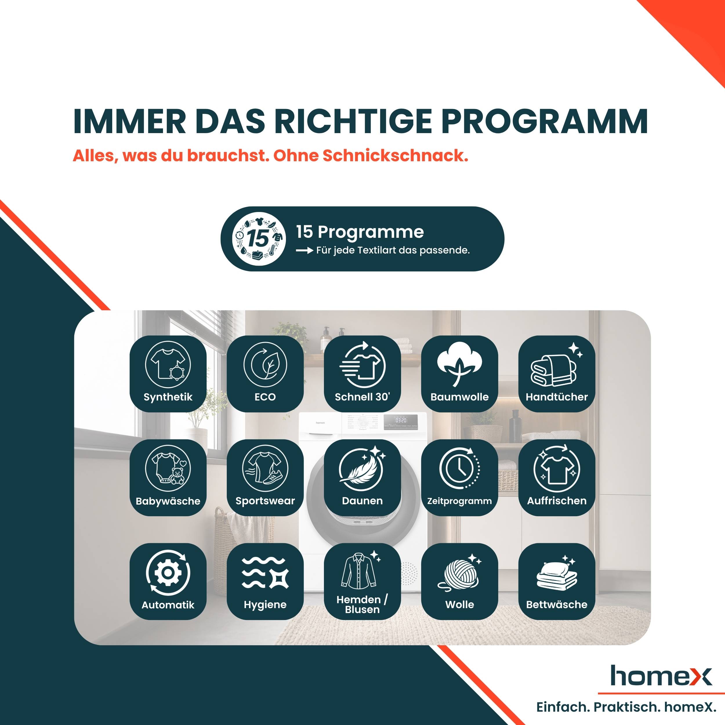 homeX WT7H1E-W Wärmepumpentrockner 7kg, Wäschetrockner - Trockner mit 15 Programmen, Knitterschutz, Trommelreversierung