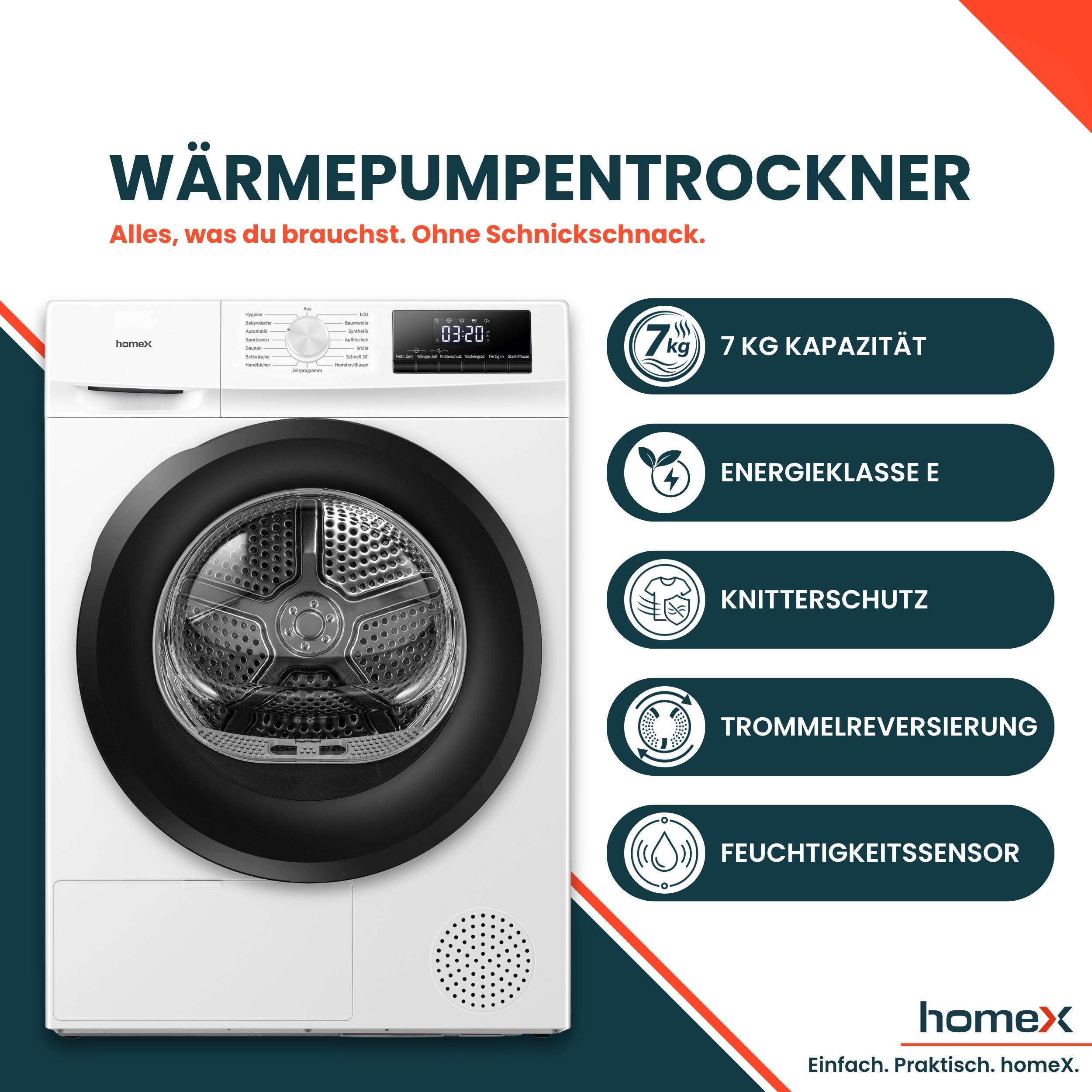 homeX WT7H1E-W Wärmepumpentrockner 7kg, Wäschetrockner - Trockner mit 15 Programmen, Knitterschutz, Trommelreversierung