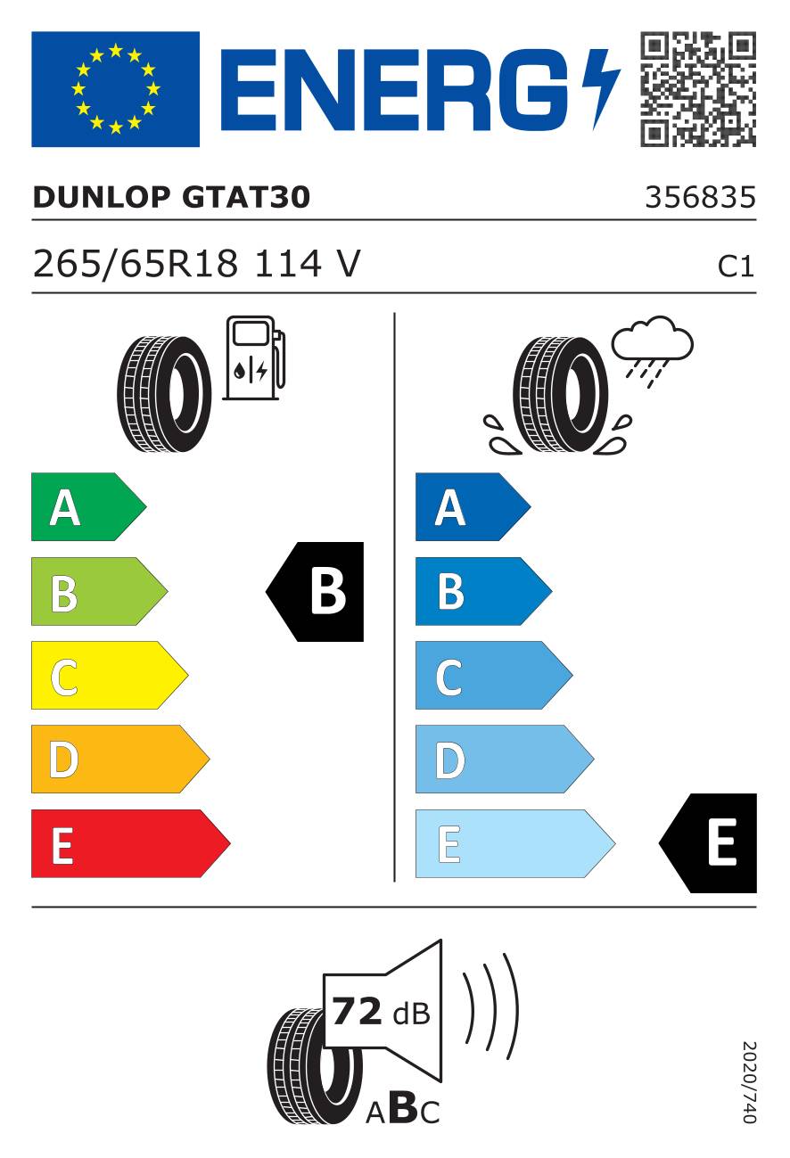 EU-Reifenetikett für Dunlop GTAT30 265/65R18 114 V: Kraftstoffeffizienz B, Nasshaftung E, Außengeräusch 72 dB.