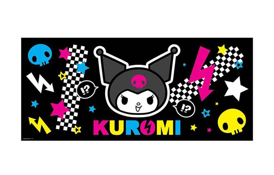 Kuromi-Cartoon-Grafik auf schwarzem Hintergrund mit farbenfrohen Totenköpfen, Blitzbolzen, Sternen und karierten Akzenten, mit dem Text 