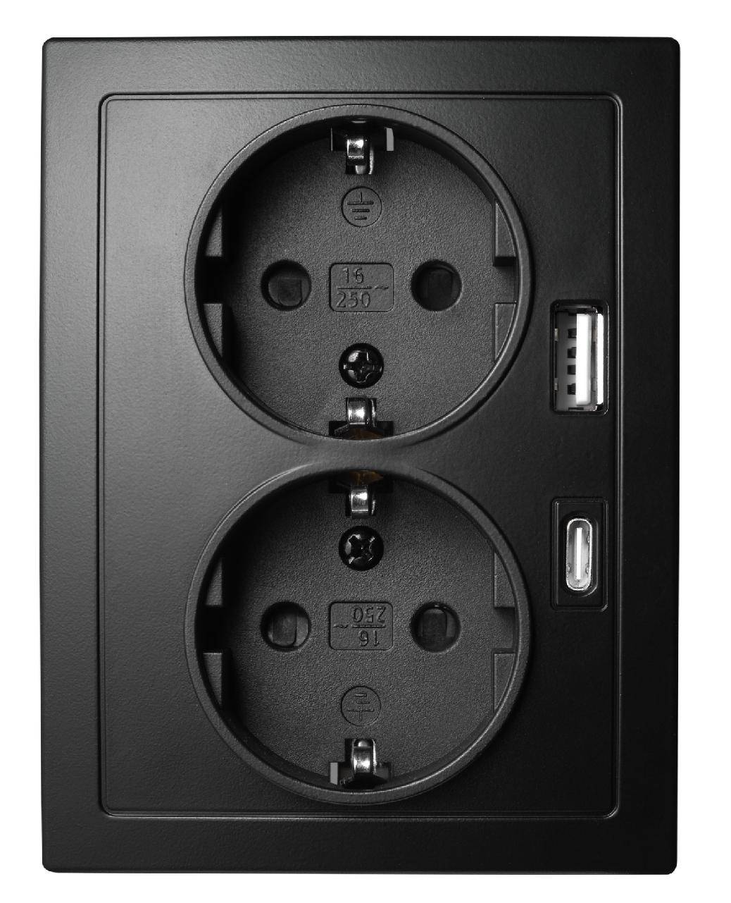 McPower Schutzkontakt-Steckdose, Flair, Quickcharge Anschlüsse, PD, 1x USB-C, 1x USB-A, 250 V, 16 A - Steckdose: 2-fach - Farbe: schwarz