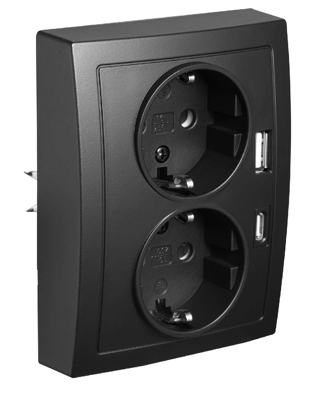 McPower Schutzkontakt-Steckdose, Flair, Quickcharge Anschlüsse, PD, 1x USB-C, 1x USB-A, 250 V, 16 A - Steckdose: 2-fach - Farbe: schwarz