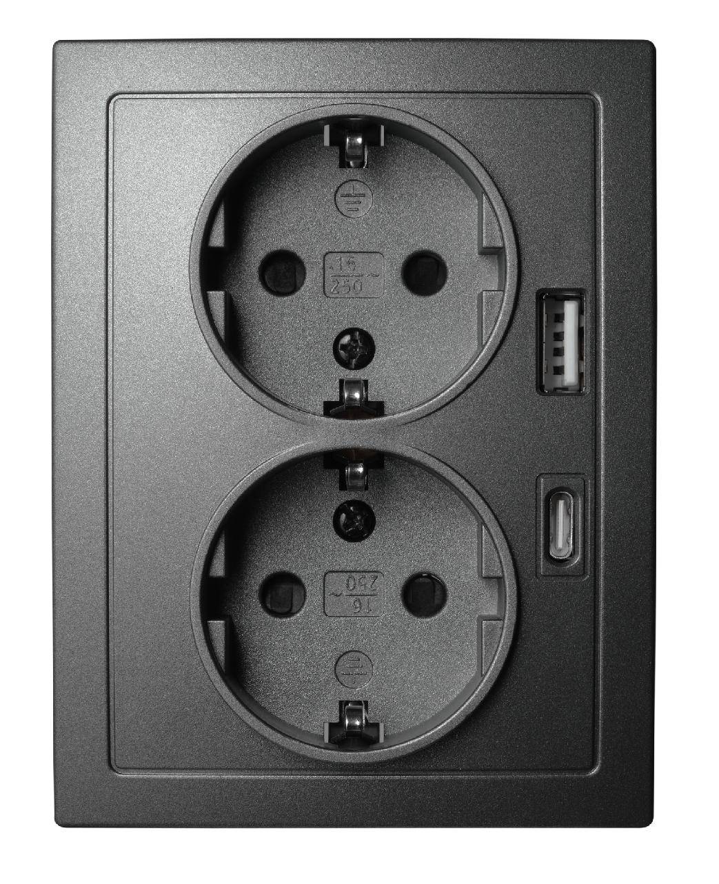 McPower Schutzkontakt-Steckdose, Flair, Quickcharge Anschlüsse, PD, 1x USB-C, 1x USB-A, 250 V, 16 A - Steckdose: 2-fach - Farbe: anthrazit