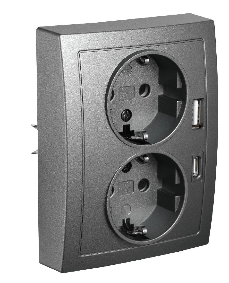 McPower Schutzkontakt-Steckdose, Flair, Quickcharge Anschlüsse, PD, 1x USB-C, 1x USB-A, 250 V, 16 A - Steckdose: 2-fach - Farbe: anthrazit