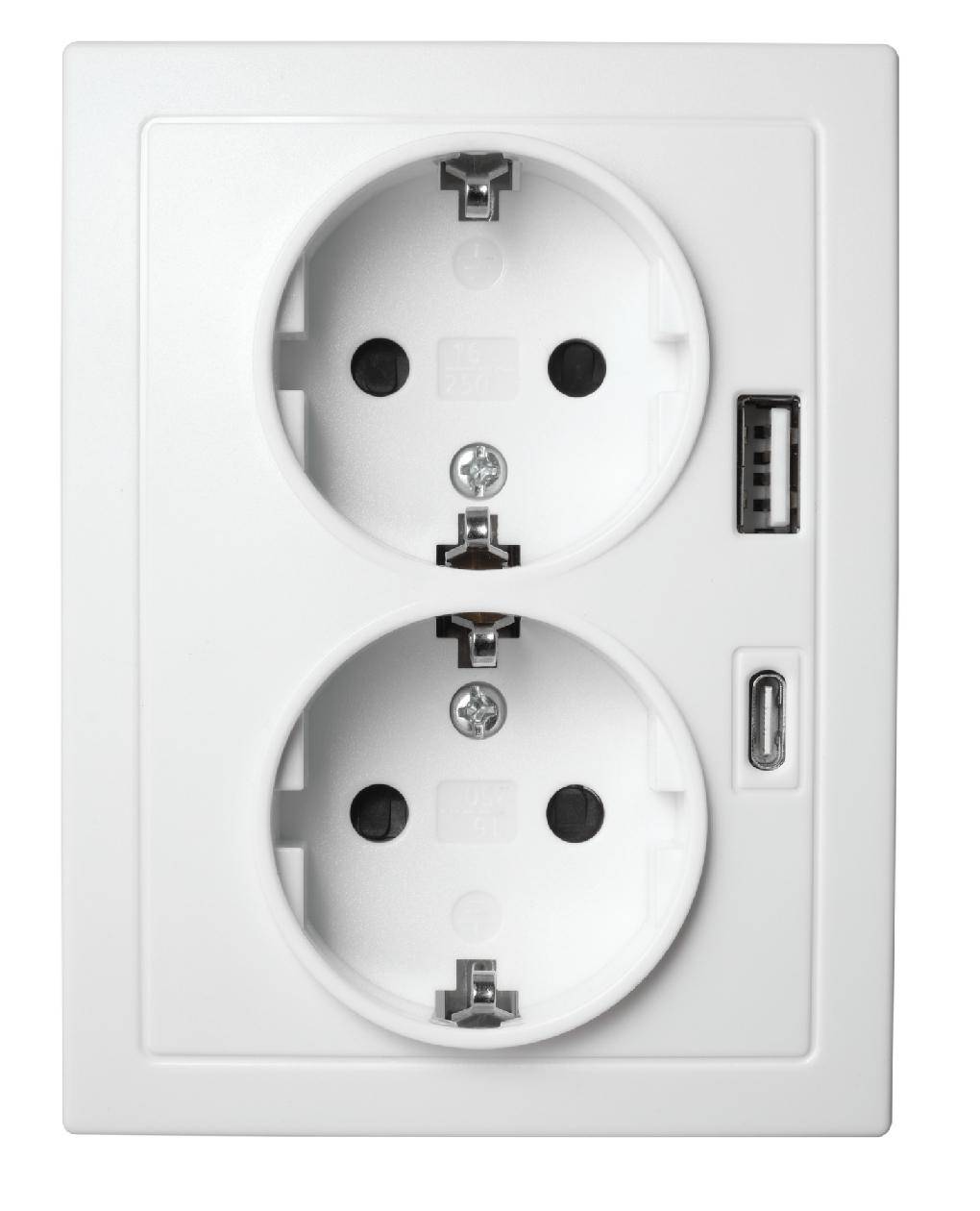 McPower Schutzkontakt-Steckdose, Flair, Quickcharge Anschlüsse, PD, 1x USB-C, 1x USB-A, 250 V, 16 A - Steckdose: 2-fach - Farbe: weiß