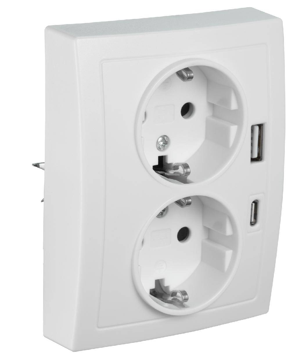 McPower Schutzkontakt-Steckdose, Flair, Quickcharge Anschlüsse, PD, 1x USB-C, 1x USB-A, 250 V, 16 A - Steckdose: 2-fach - Farbe: weiß