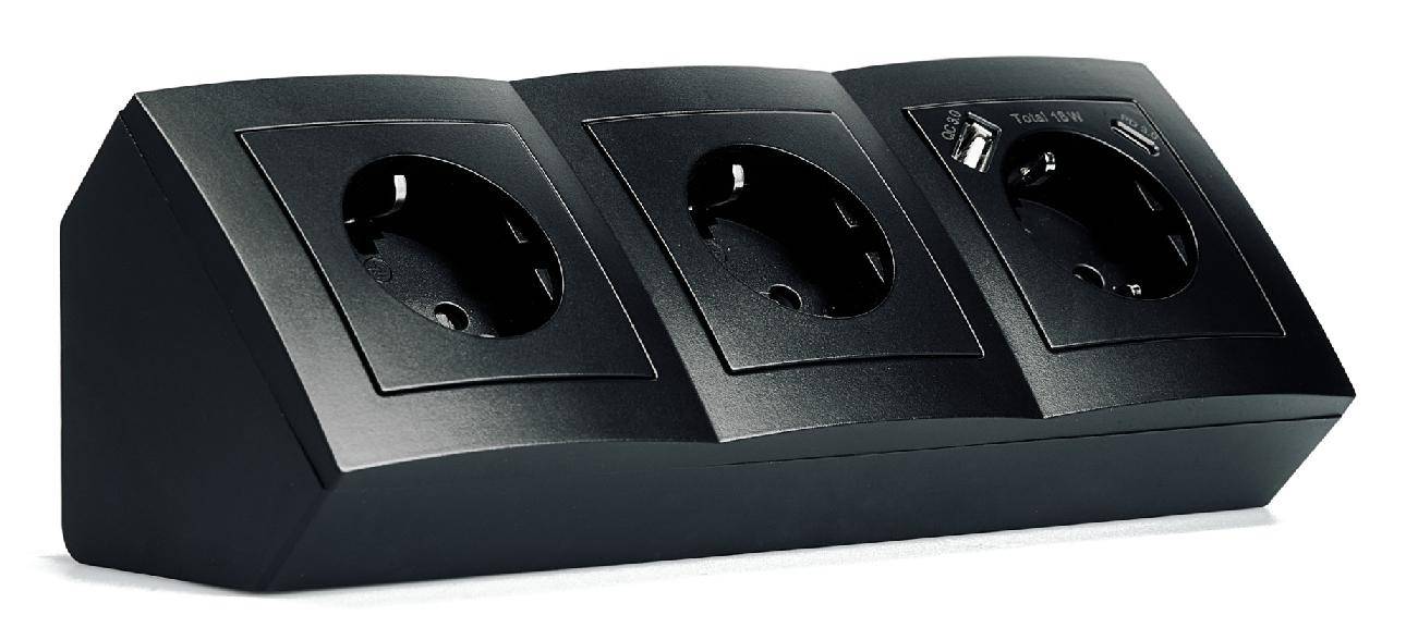 McPower "Flair" Steckdosenblock, Schutzkontakt, 1x USB-C, 1x USB-A, Quick Charge - Steckdose: 3-fach - Farbe: schwarz
