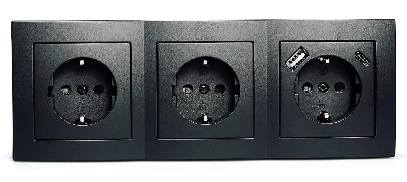 McPower &amp;quot;Flair&amp;quot; Steckdosenblock, Schutzkontakt, 1x USB-C, 1x USB-A, Quick Charge - Steckdose: 3-fach - Farbe: schwarz