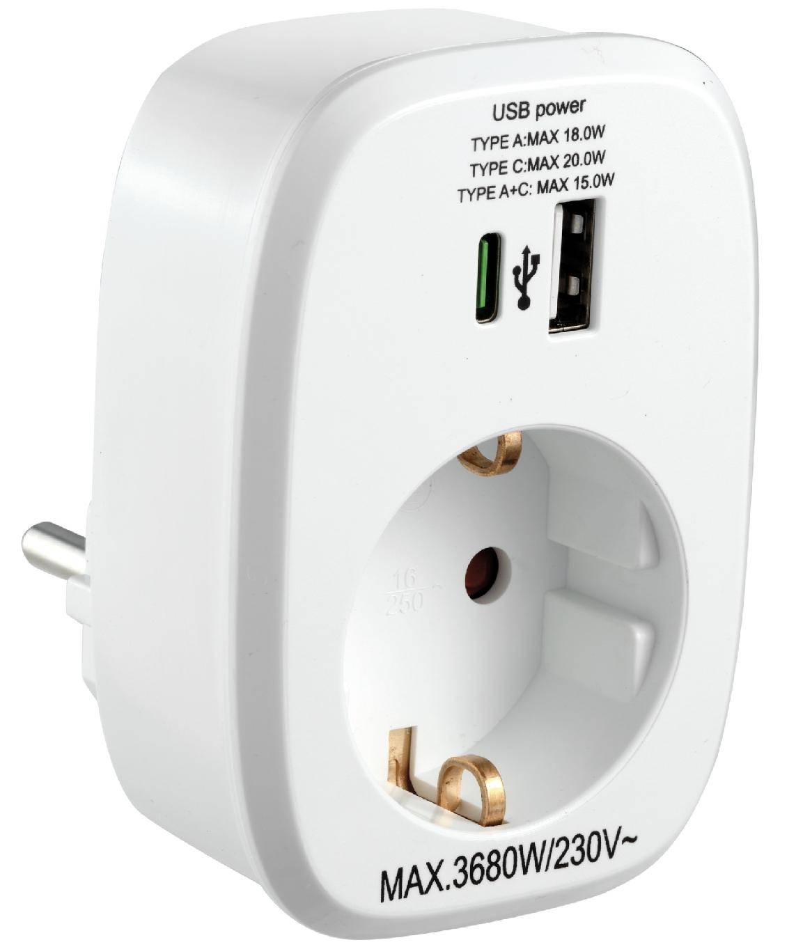 McPower Zwischenstecker, Schutzkontakt, 1x USB-A, 1x USB-C, Power Delivery 20 W, IP20, 3680 W, 16 A