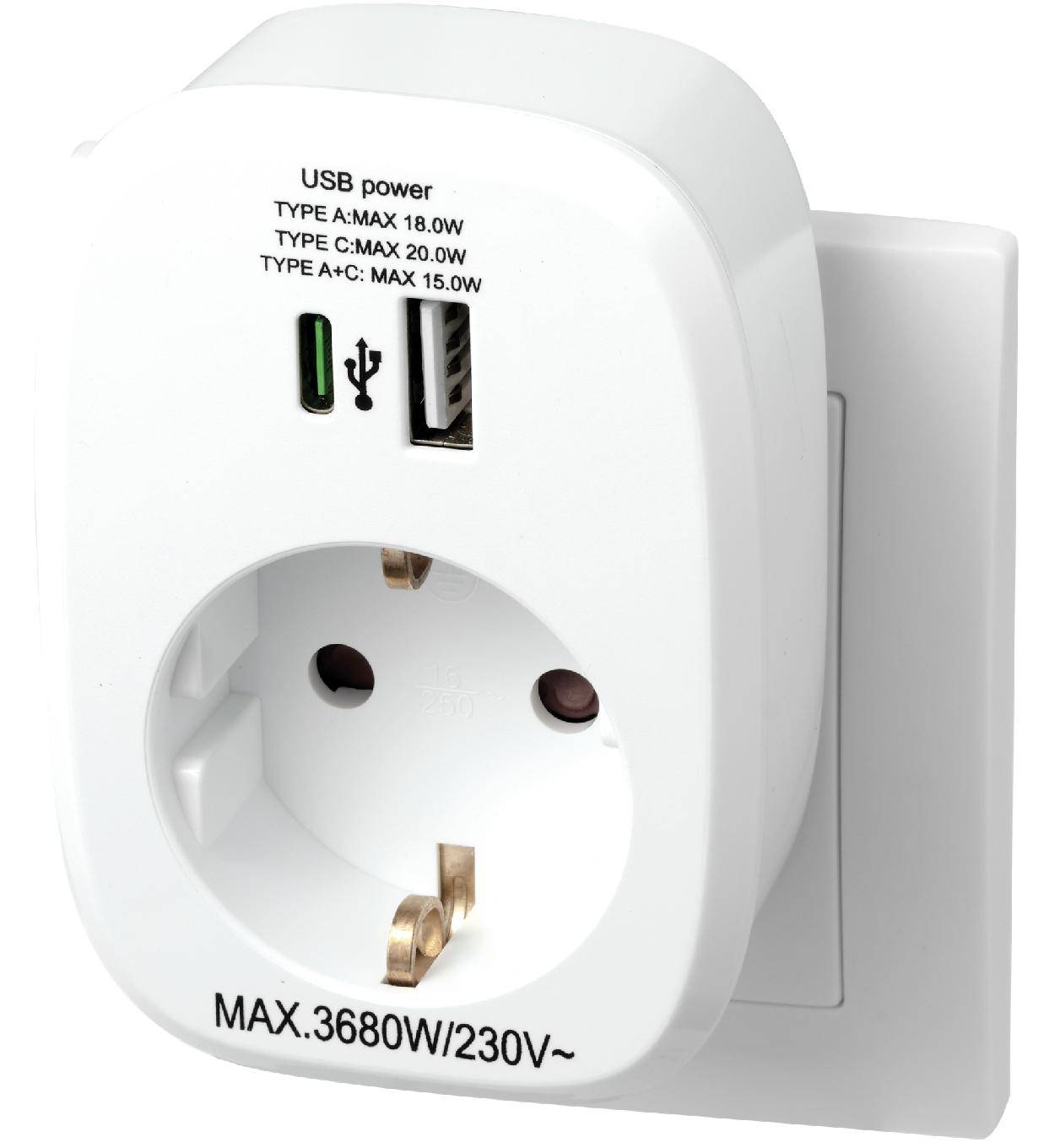 McPower Zwischenstecker, Schutzkontakt, 1x USB-A, 1x USB-C, Power Delivery 20 W, IP20, 3680 W, 16 A
