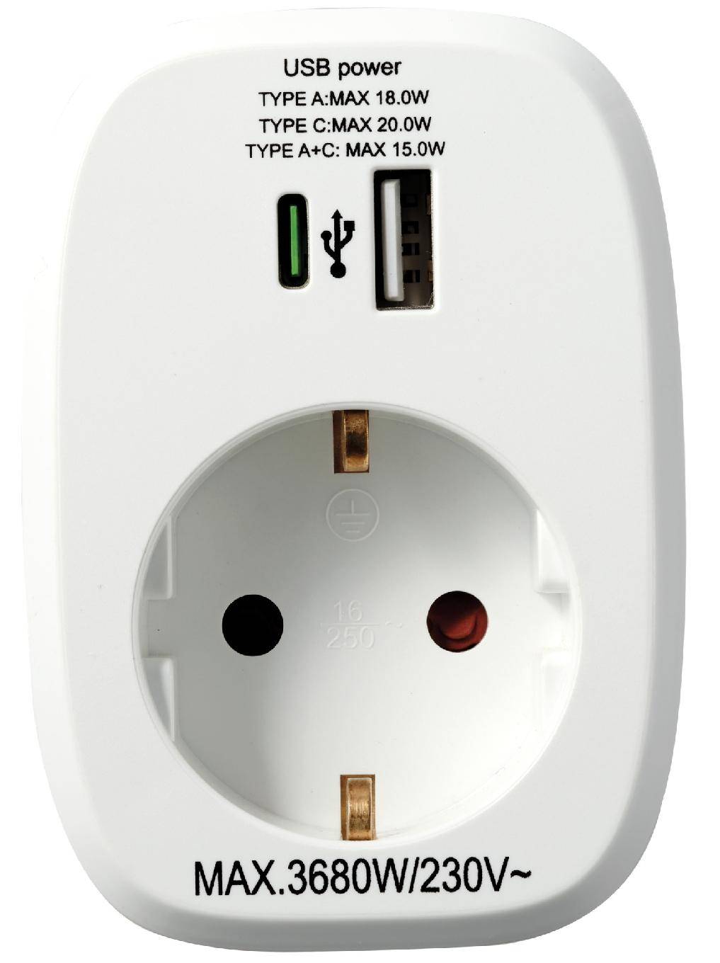 McPower Zwischenstecker, Schutzkontakt, 1x USB-A, 1x USB-C, Power Delivery 20 W, IP20, 3680 W, 16 A