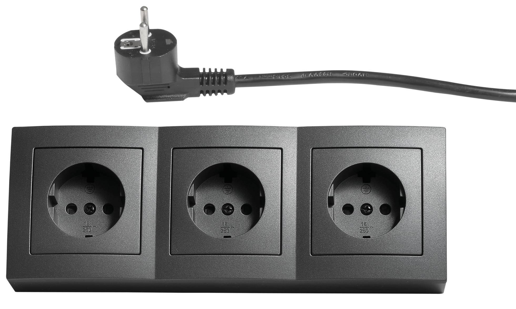 McPower Flair Steckdosenblock, 3-fach, 250V, 16A, Shutter, IP20, 3600W, 2m Anschlusskabel &amp; Stecker - Farbe: anthrazit