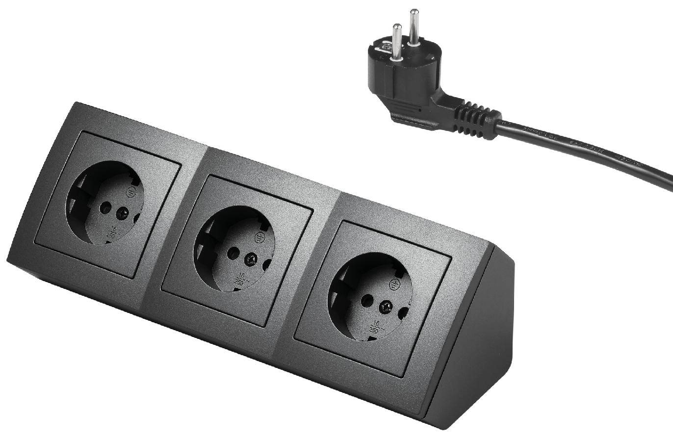 McPower Flair Steckdosenblock, 3-fach, 250V, 16A, Shutter, IP20, 3600W, 2m Anschlusskabel &amp; Stecker - Farbe: anthrazit