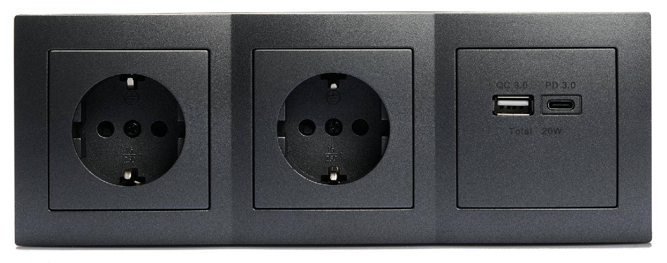 McPower &amp;quot;Flair&amp;quot; Steckdosenblock, Schutzkontakt, 1x USB-C, 1x USB-A, Quick Charge - Steckdose: 2-fach - Farbe: anthrazit