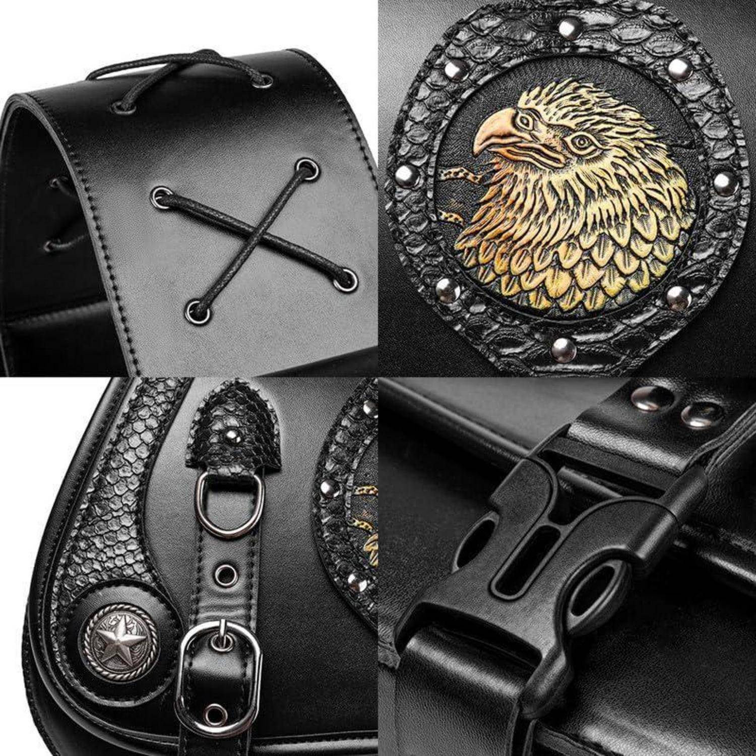 Schwarzes Ledergeschirr oder eine schwarze Ledertasche mit adlerverzierter Metallmedaille, Schnürpaneel, Sternkoncho und verstellbaren Schnallengurtdetails.