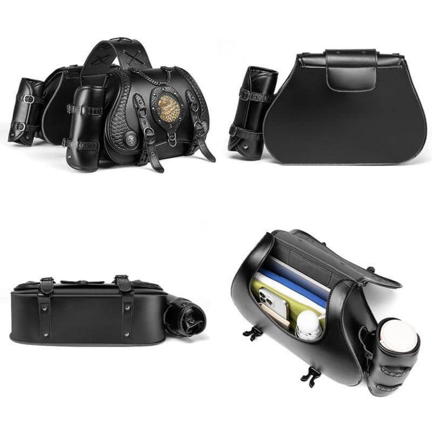 Schwarze Ledertasche in vier Ansichten dargestellt, einschließlich Vorder-, Rück-, Seitenansicht und offenes Inneres mit Fächern und seitlichem Flaschenhalter.