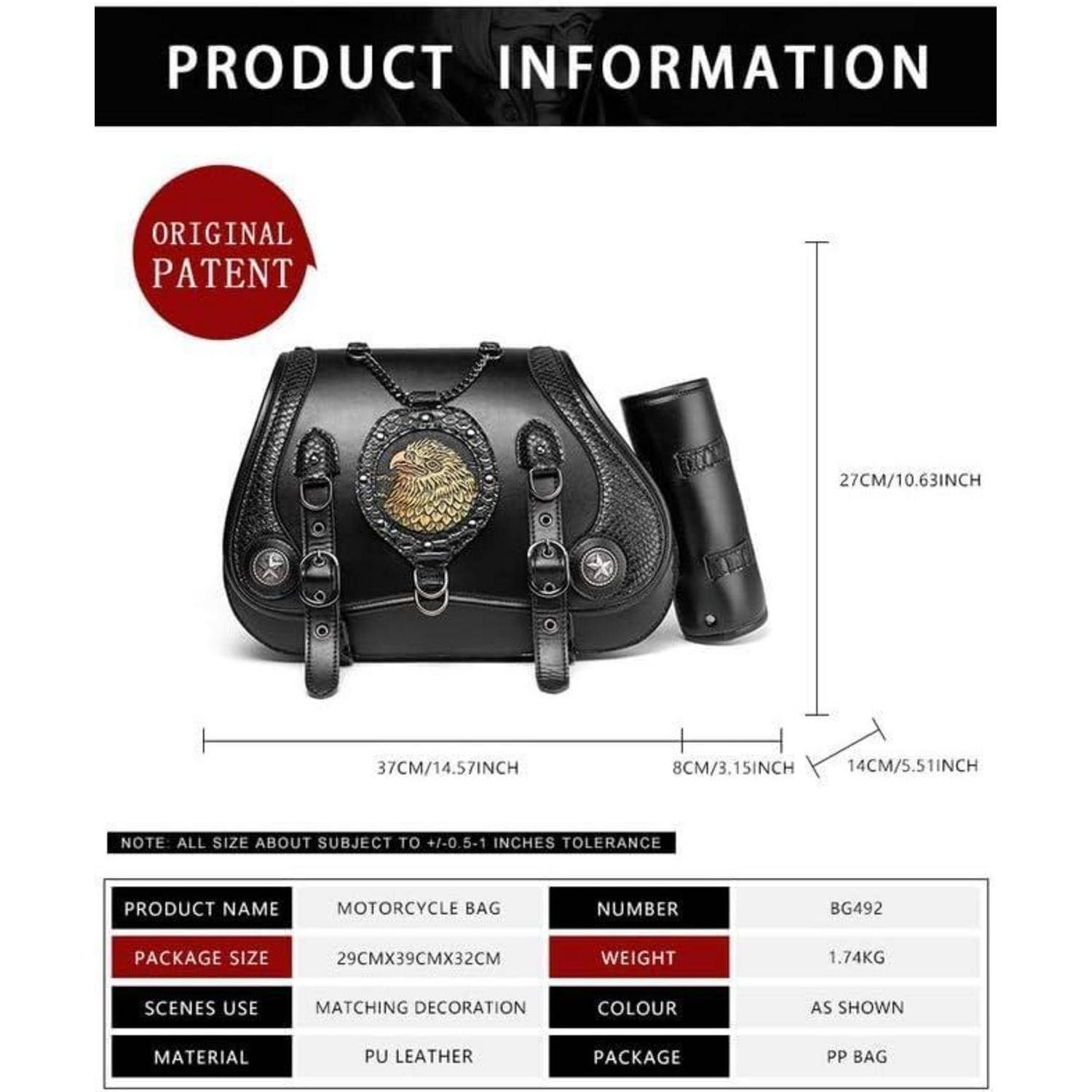 Produktinformationsgrafik für eine schwarze Motorradtasche mit passendem zylindrischem Schmuckelement, gekennzeichnet als Originalpatent, mit den Abmessungen 37 x 27 x 14 cm, Gewicht 1,74 kg und PU-Ledermaterial.
