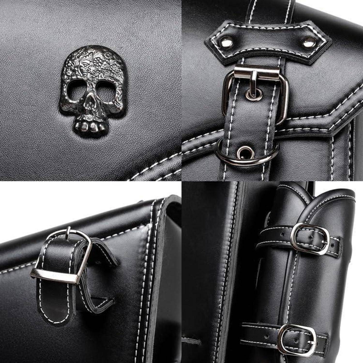Schwarze Ledertasche mit Totenkopf-Emblem, Metallschnallen und Schnallengurten, dargestellt in Nahaufnahmen ihrer Beschläge und Verzierungen.