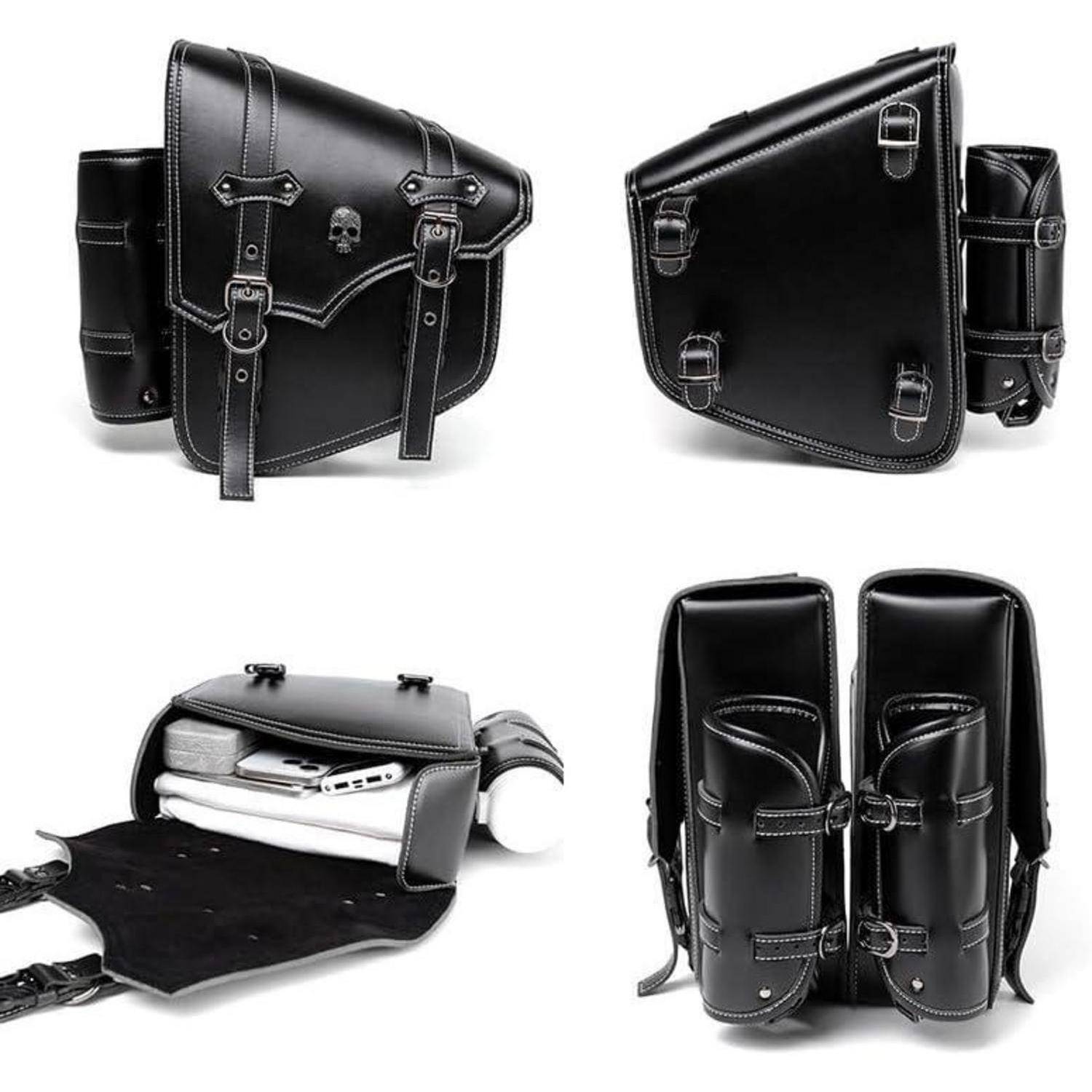 Collage aus einer schwarzen Ledermotorrad-Satteltasche aus mehreren Blickwinkeln gezeigt, mit Schnallen, Totenkopf-Emblem und einer Ansicht der geöffneten Tasche mit Gegenständen im Inneren.