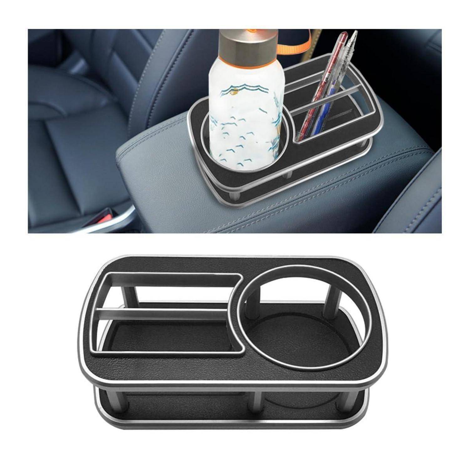 Autotassenhalter-Organizer mit einer Flasche, Stiften und Aufbewahrungsfächern, shown installed in a car and on a white background