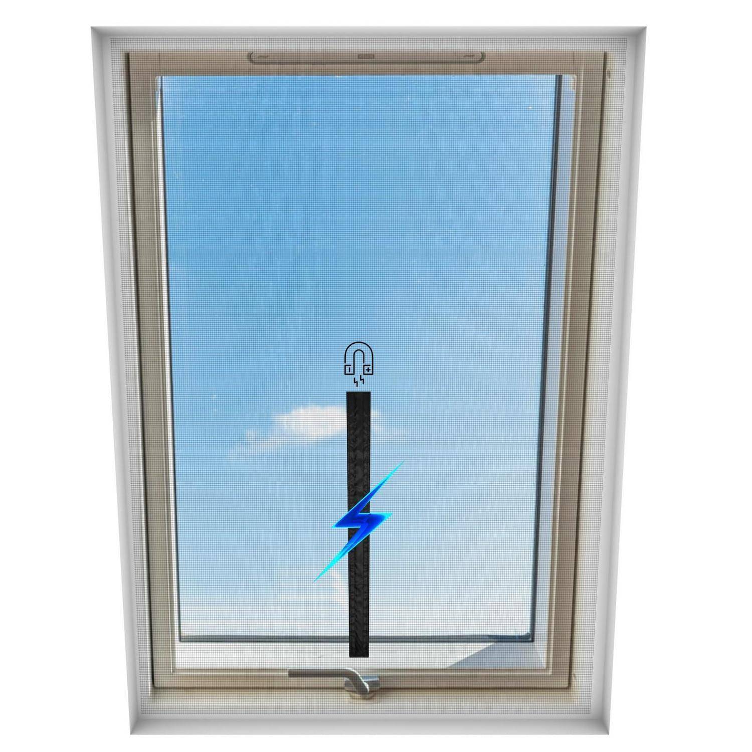 Geschlossenes Fenster mit blauem Himmel draußen, eine zentrale vertikale Leiste, die mit einem Blitzsymbol und Magnetikon gekennzeichnet ist und ein magnetisches oder elektrisches Fenstergerät andeutet.