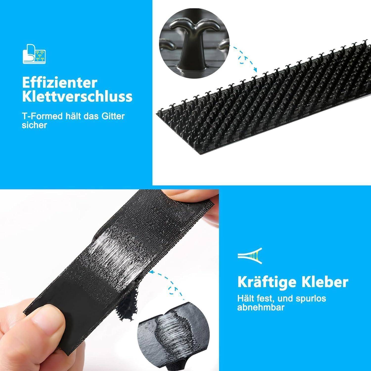 Infografik zeigt einen schwarzen Klettverschluss mit T-förmigen Haken und starker Klebstoffrückseite; vermerkt, dass er sicher hält und rückstandslos entfernt werden kann.