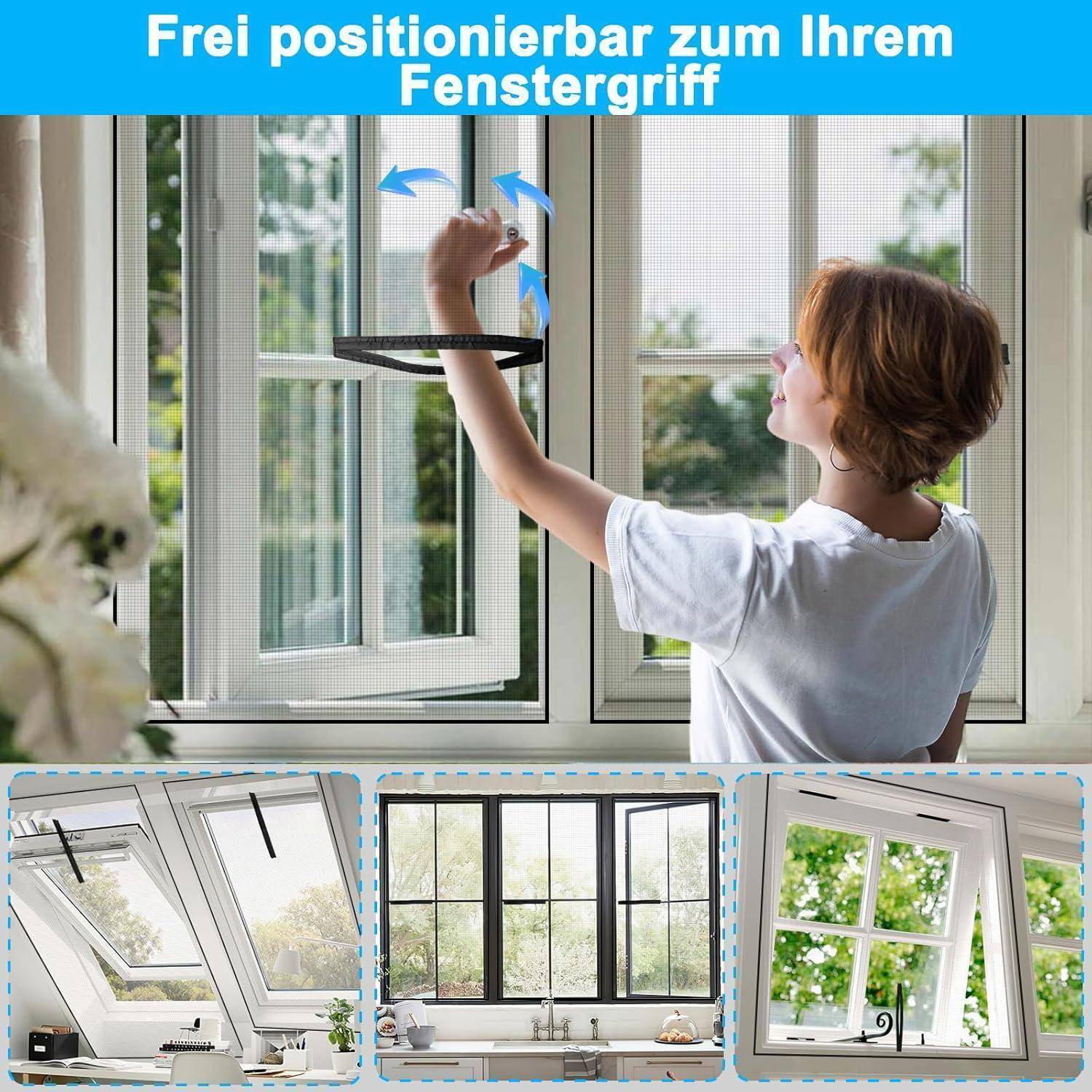 Anzeige, die ein Kind zeigt, das einen frei positionierbaren Fenstergriff einstellt; Einschubbilder zeigen den Griff an verschiedenen Fenstertypen, mit deutschem Text „Frei positionierbar zum Ihrem Fenstergriff".