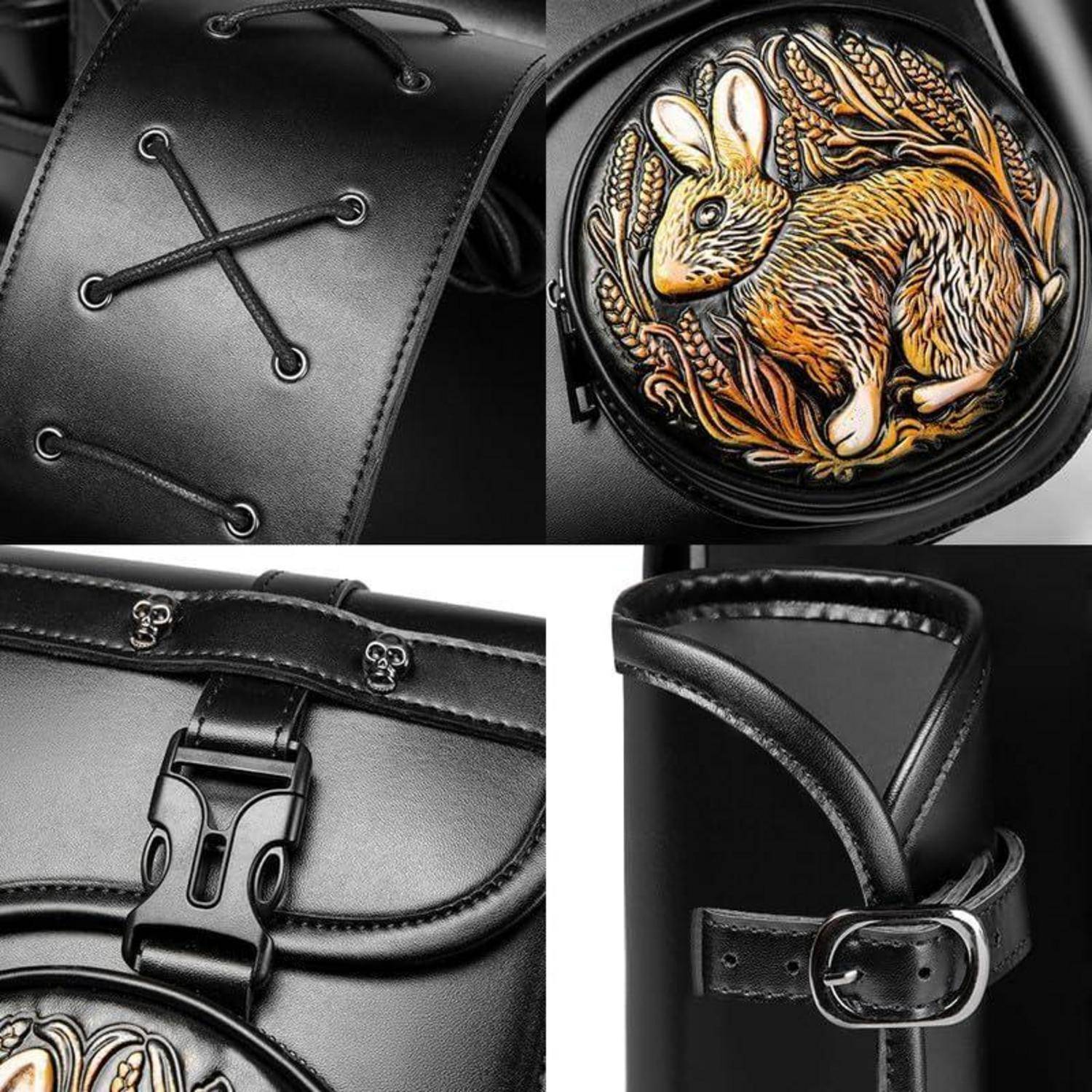 Schwarze Ledertasche mit Schnür- und Schnallendetails, mit einem runden Frontflicken mit geprägtem Kaninchendesign.